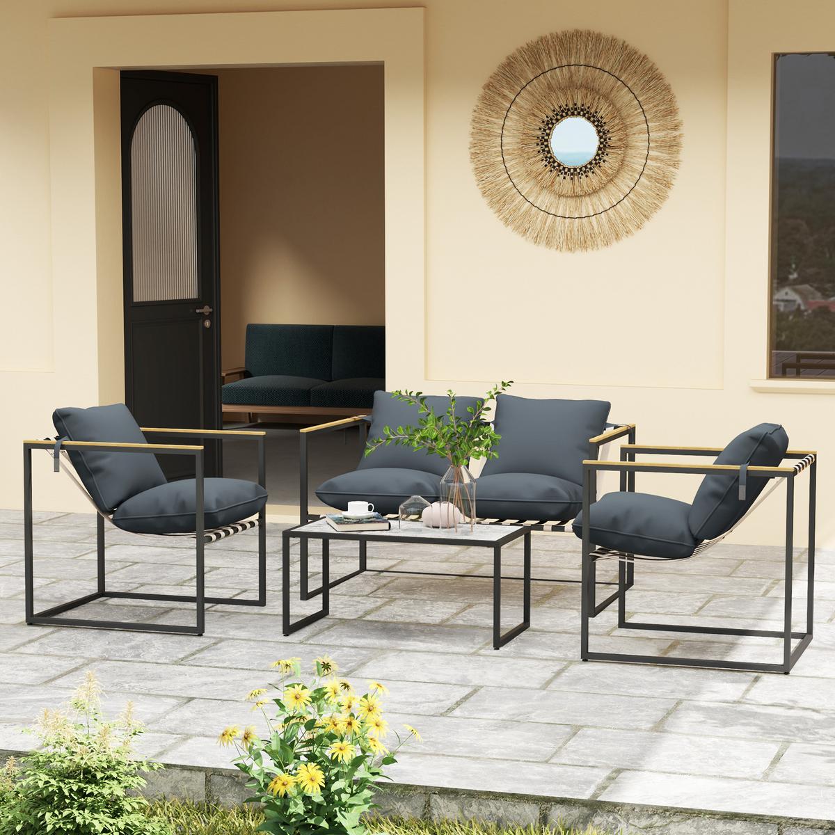 STAHL Gartenmöbel Set 4 Personen wetterfest Balkonmöbel-Set mit 2er Sofa Grau - Grau, Metall - Outsunny