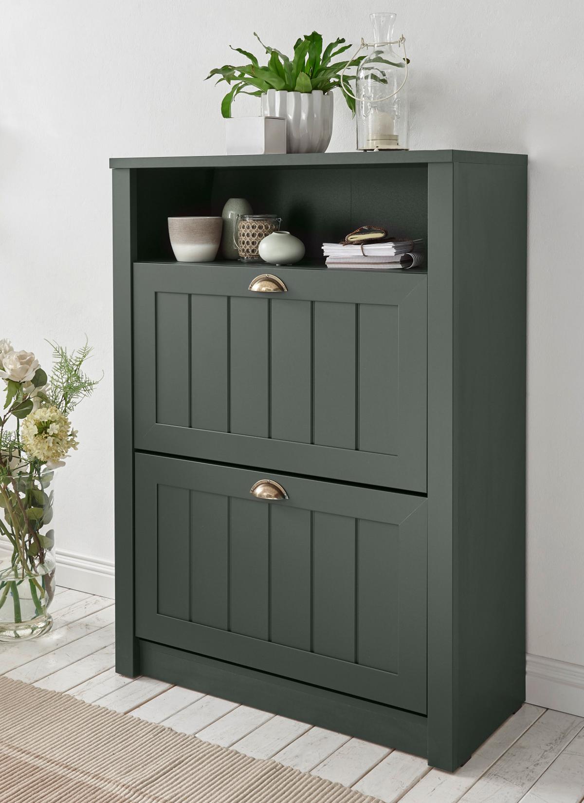 SCHUHSCHRANK grün, Landhausstil, Flur Schuhkipper 80 x 112 cm - Dunkelgrün/Goldfarben, Holzwerkstoff/Kunststoff (80/112/36cm) - Furn.Design
