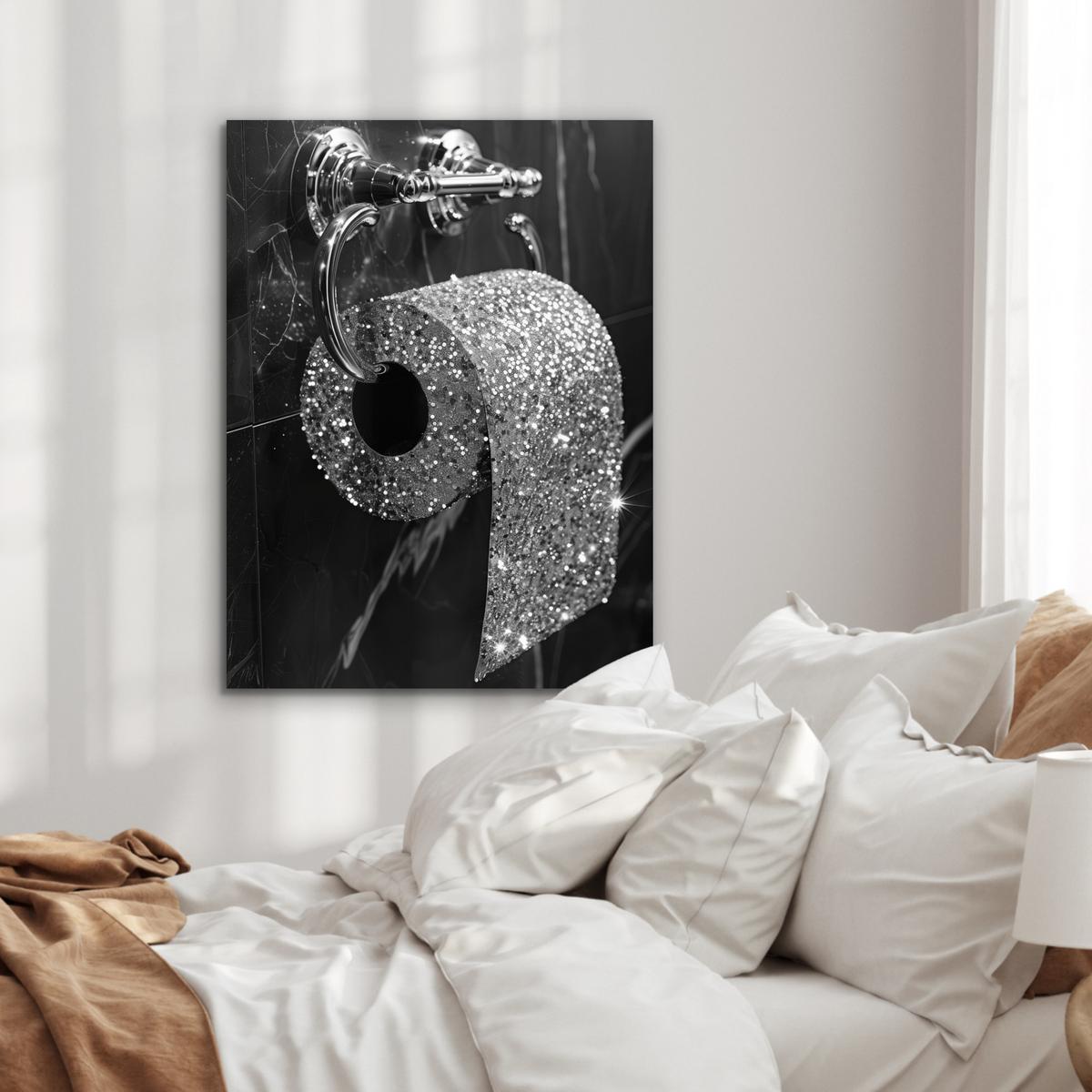METALLBILD WC - Toilettenpapier - Schwarz und weiß - Glitter 60x80 cm - Silberfarben, Metall (60/80cm) - MuchoWow