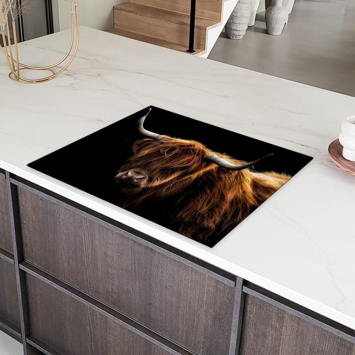 HERDABDECKPLATTE Schottischer Highlander - Hörner - Schwarz - Tiere - Natur - Wild - Kuh Induktionsmatte 77x59 cm - Cognac, Kunststoff (77/59/0.2cm) - MuchoWow