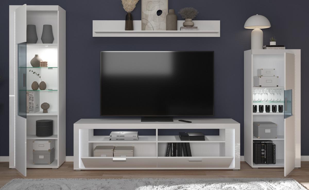 WOHNWAND weiß Hochglanz 350 cm, Soft-Close-Funktion, inkl. Beleuchtung - Weiß Hochglanz/Silberfarben, Glas/Holzwerkstoff (351/202/46cm) - Inn.Furn