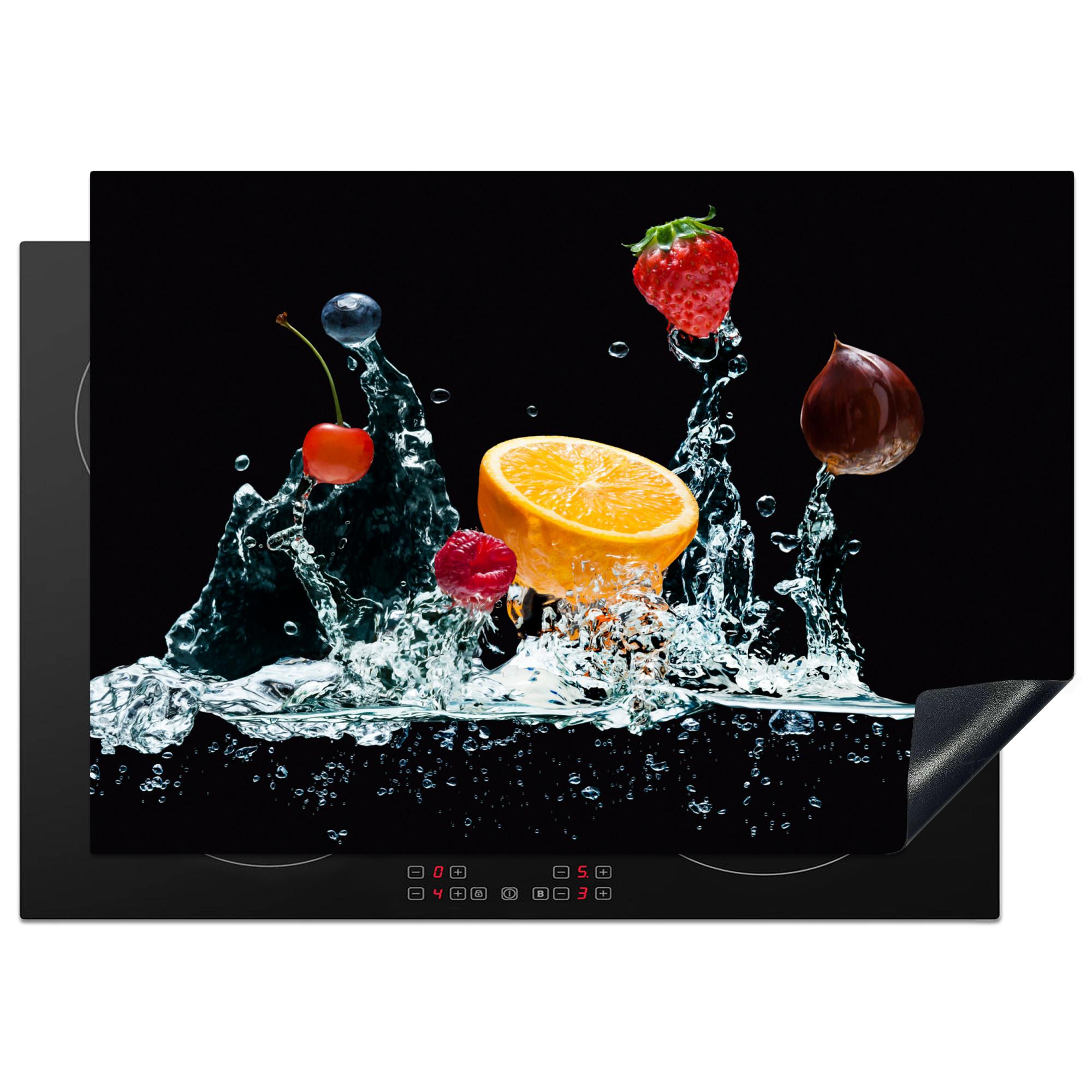 HERDABDECKPLATTE Wasser - Obst - Orange - Erdbeere - Kirsche - Schwarz Herdabdeckung Induktionsfeld 75x52 cm - Orange, Kunststoff (75/52/0.2cm) - MuchoWow
