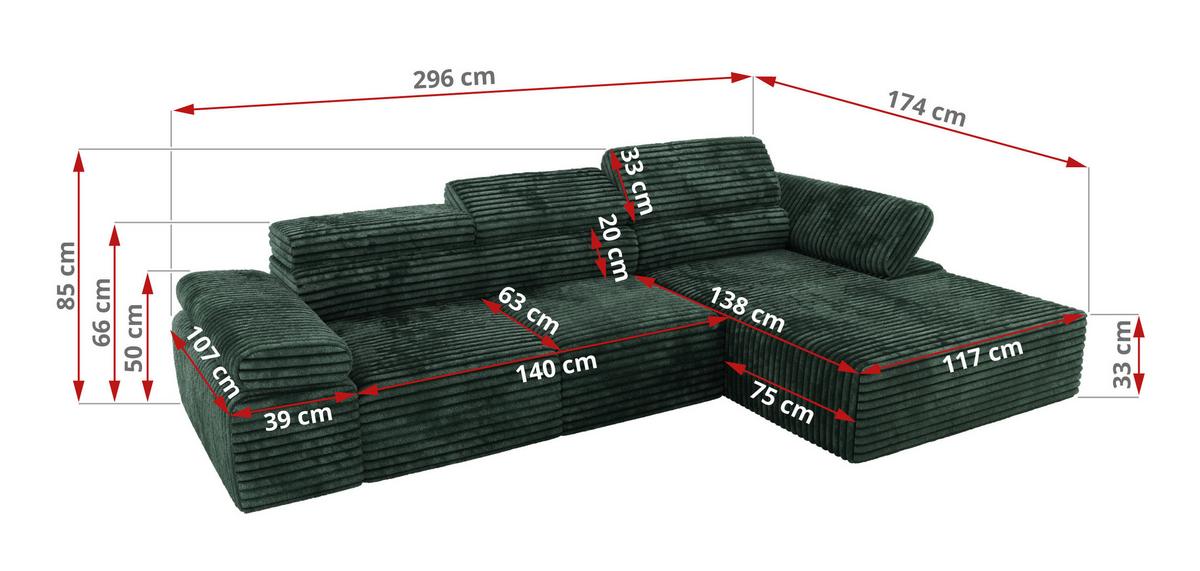 ECKSOFA RILASSO L Grün Cord - links - Schwarz/Grün, Kunststoff/Textil (296/174cm) - MKS