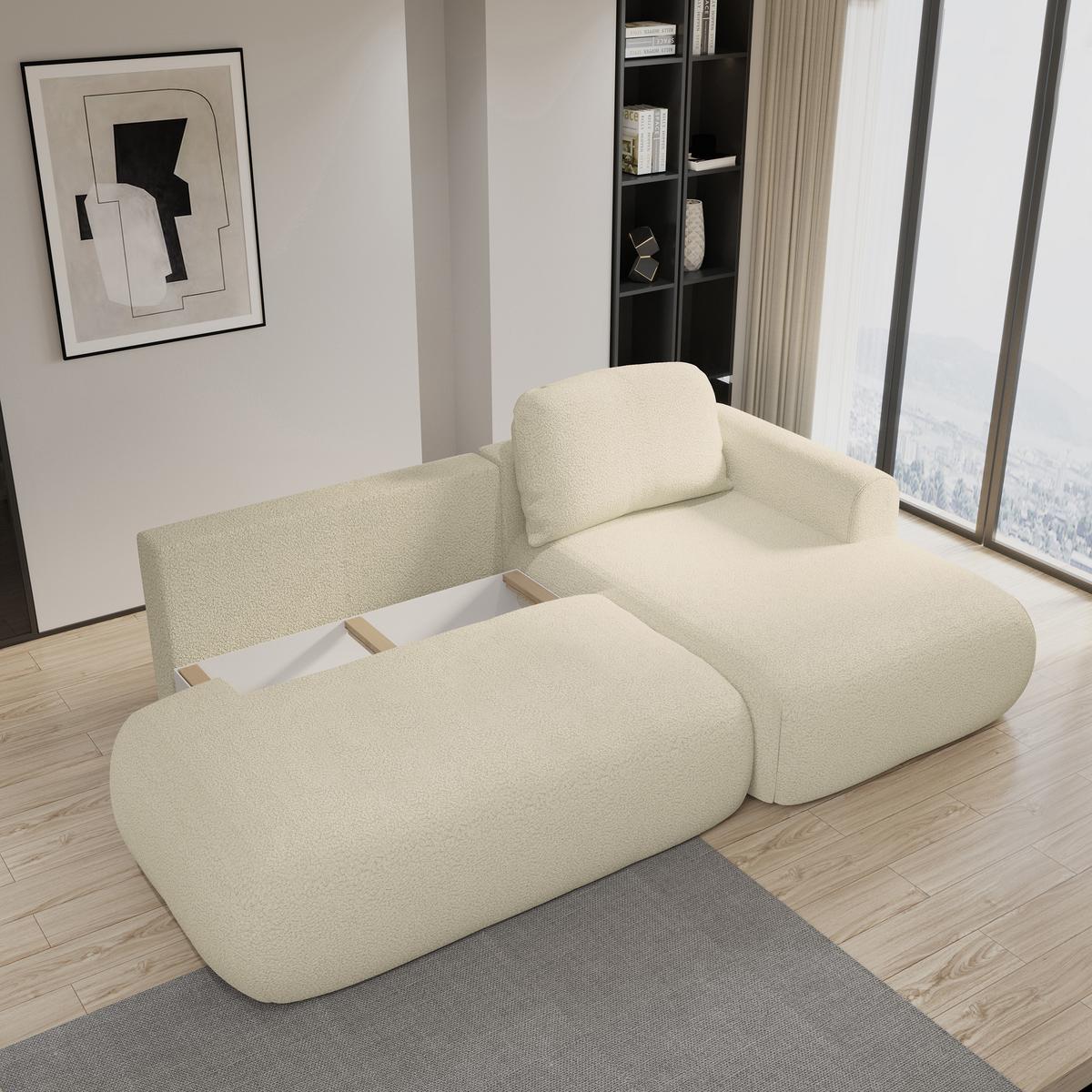 ECKSOFA NUVIRA R-S Creme Boucle-Stoff mit Schlaffunktion - Creme, Holz (279/158cm) - MASSENO