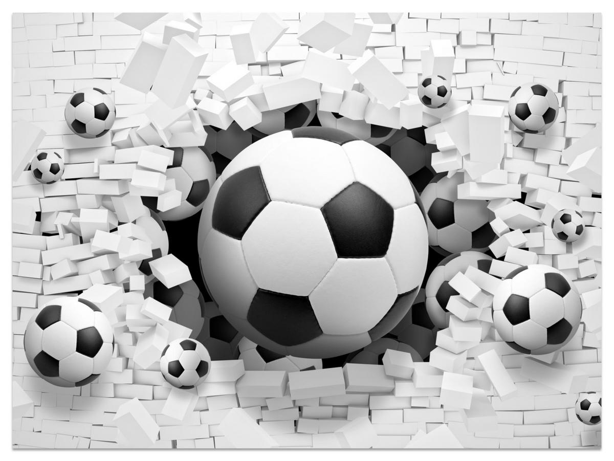 FOTOTAPETE für Jugendzimmer Fußbälle Weiße Ziegelwand Sport 250x175 - Schwarz/Weiß, Papier (250/175cm) - Muralo