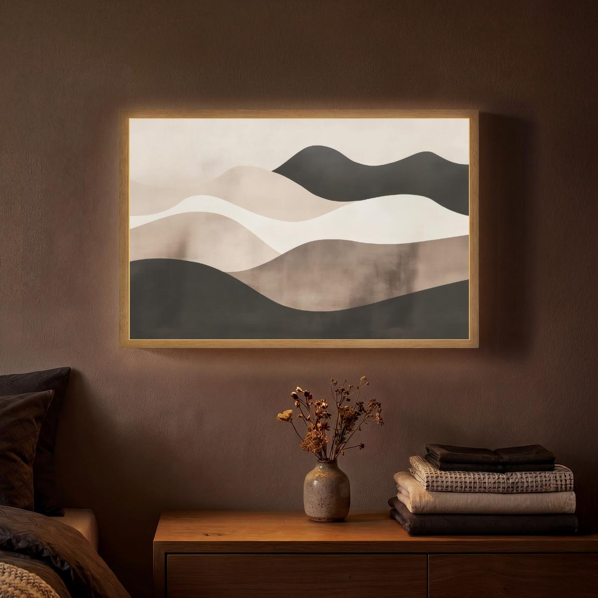 WANDLEUCHTE MIT AKKU Abstrakt - Landschaft - Wellen - Cremefarben 60x40 cm - Graubraun, Holzwerkstoff (60/40/8cm) - OnlyWow