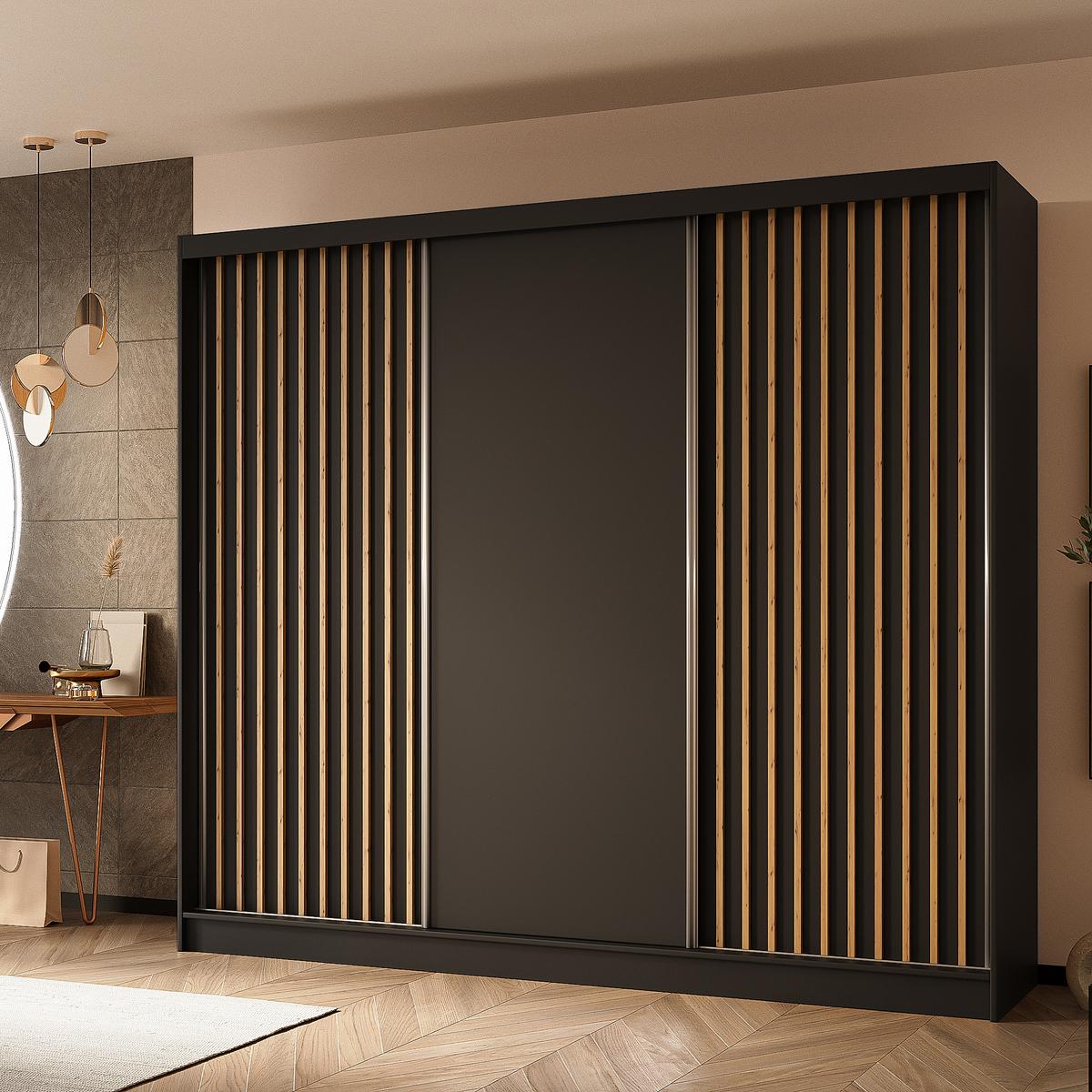 SCHWEBETÜRENSCHRANK Helios II 240/216/61 schwarz+eiche Artisan mit Schubladen - Schwarz/Eiche Artisan, Holzwerkstoff (240/216/61cm) - Beautysofa