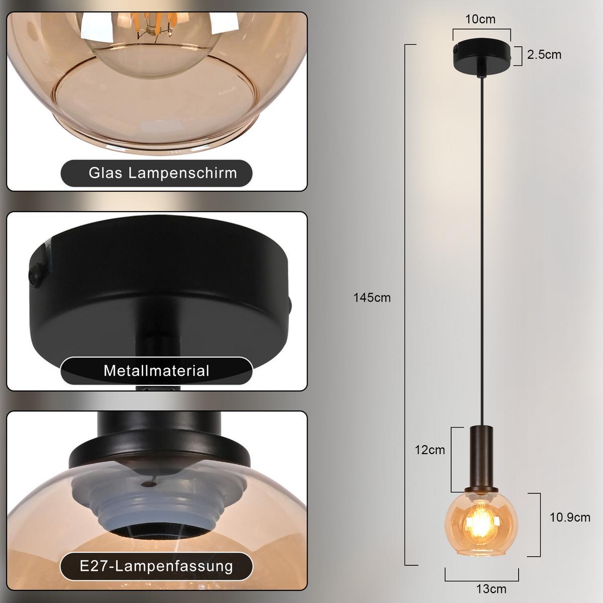 PENDELLEUCHTE Ixeth 10/13/145 cm - Schwarz, Glas/Metall (10/13/145cm) - ZMH