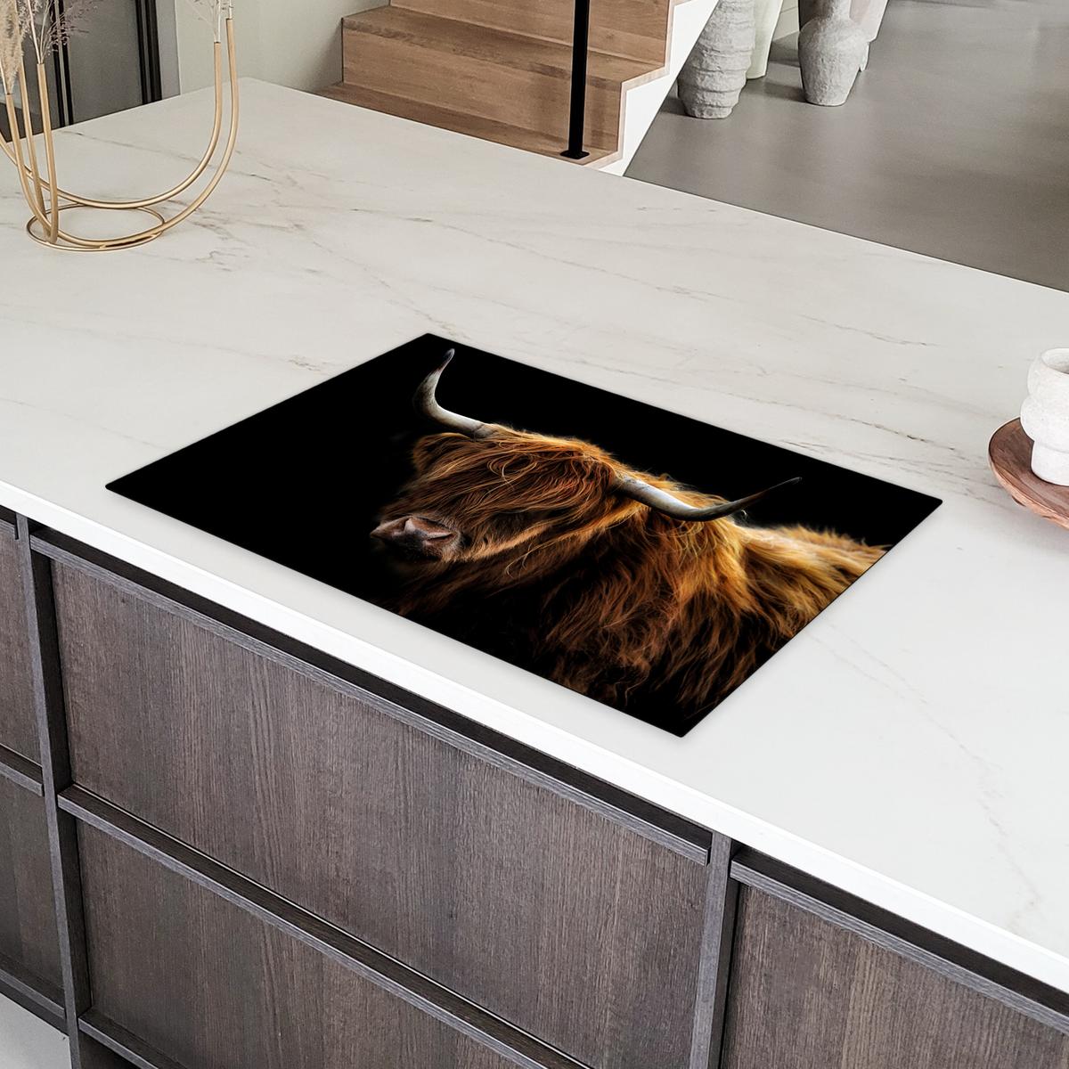 HERDABDECKPLATTE Schottischer Highlander - Hörner - Schwarz - Tiere - Natur - Wild - Kuh Abdeckung Ceranfeld 81.2x52 cm - Cognac, Kunststoff (81.2/52/0.2cm) - MuchoWow