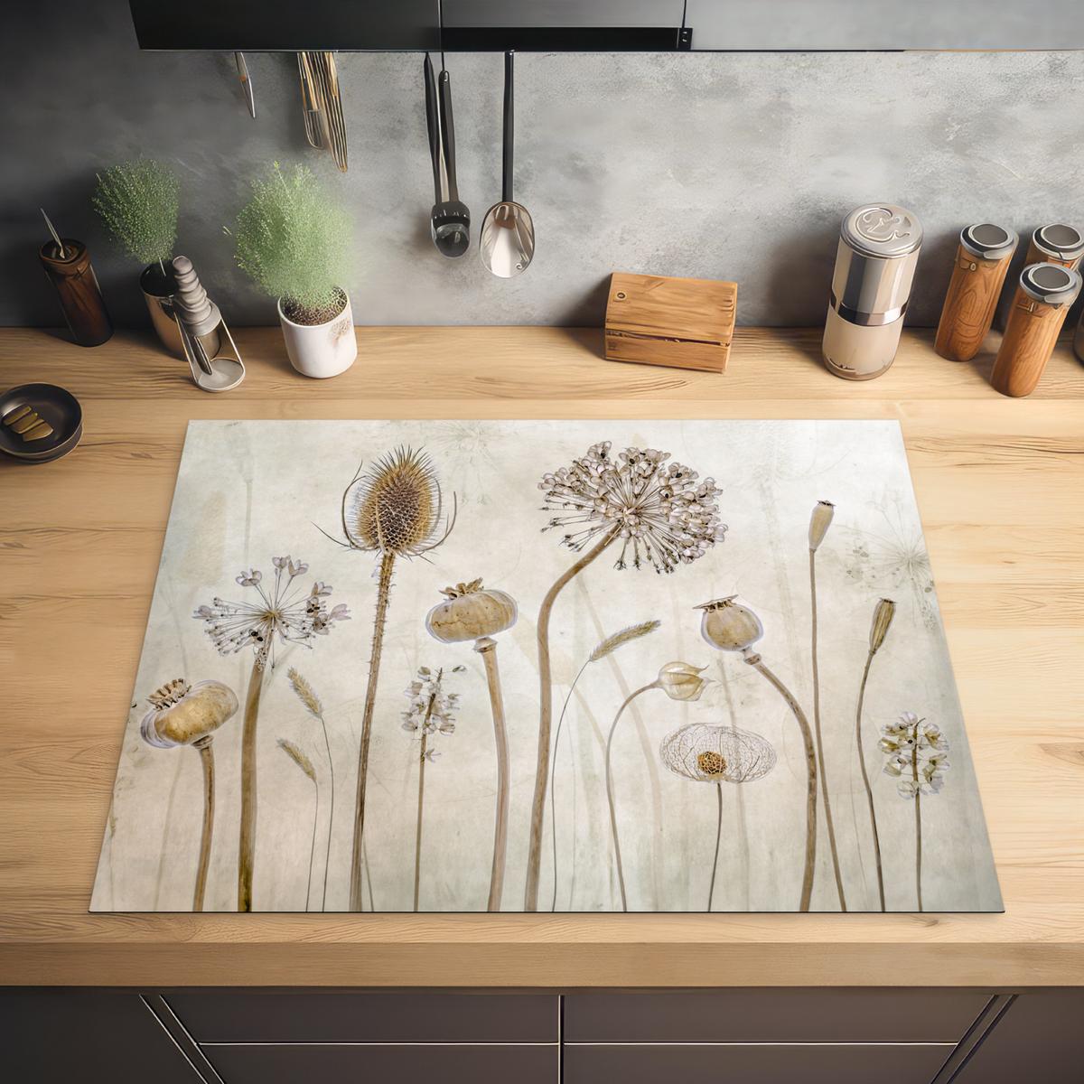 HERDABDECKPLATTE Blumen - Aquarell - Stilleben - Braun - Vintage Induktionsmatte 77x59 cm - Sandfarben, Kunststoff (77/59/0.2cm) - MuchoWow