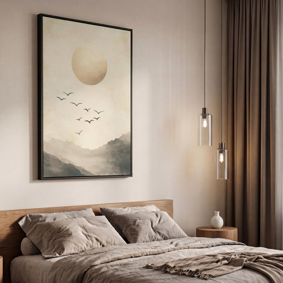 LEINWAND Bilder mit Rahmen - Landschaft - Japandi - Vogel - 60x90 - Beige, Textil (60/90cm) - MuchoWow
