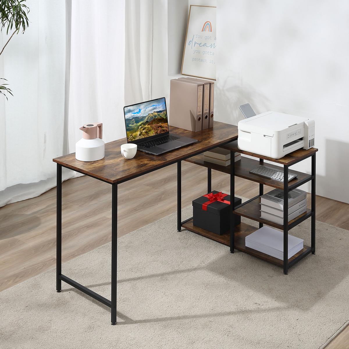 COMPUTERTISCH Bürotisch Regal platzsparend Spanplatte Metall Rustikales Braun - Braun, Kunststoff (135/90/79cm) - HOMCOM