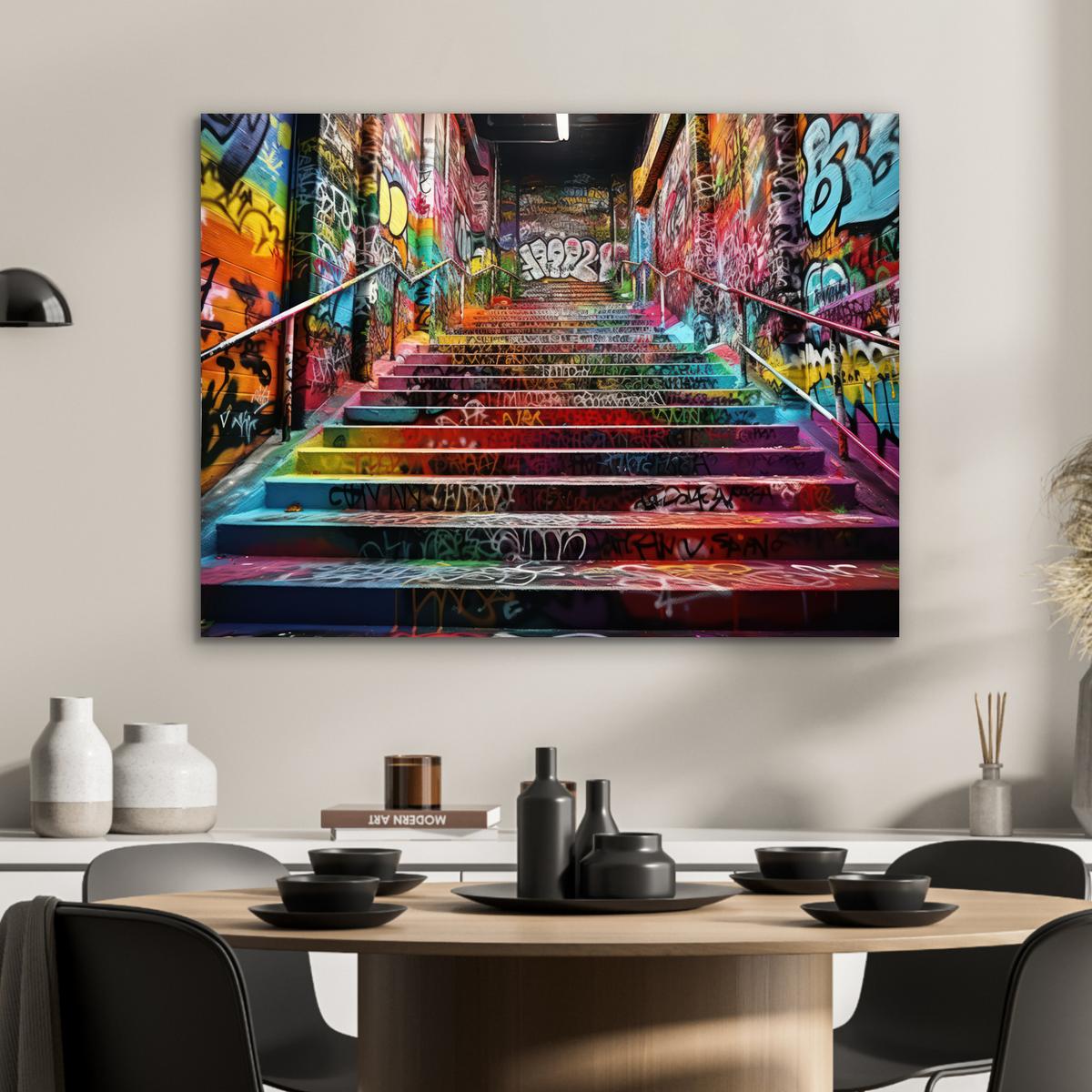 METALLBILD Treppe - Graffiti - Farben - Kunst 80x60 cm - Multicolor, Metall (80/60cm) - MuchoWow