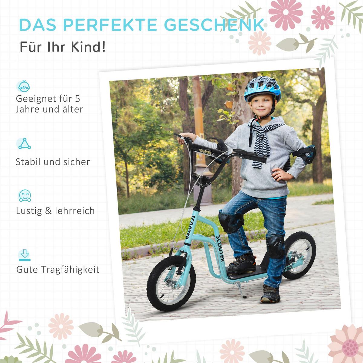 KINDERROLLER Lenker Verstellbar Tretroller mit Luftreifen 12 Zoll Blau - Blau, Metall (120/58/80cm) - HOMCOM