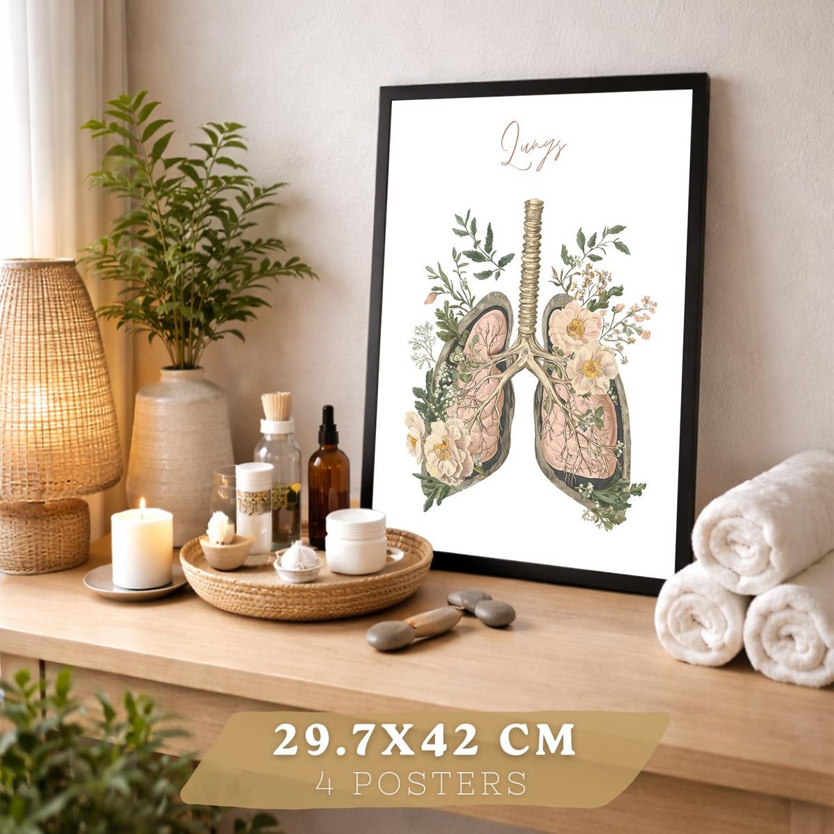POSTER Set aus 4 Anatomie Mensch Florale Drucke und Wandbilder mit Herz Lungen Skelett und Schädel Stil Wanddekoration Größe Schwarzer Rahmen A3 - Schwarz, Papier (29.7/42/3cm) - Nacnic