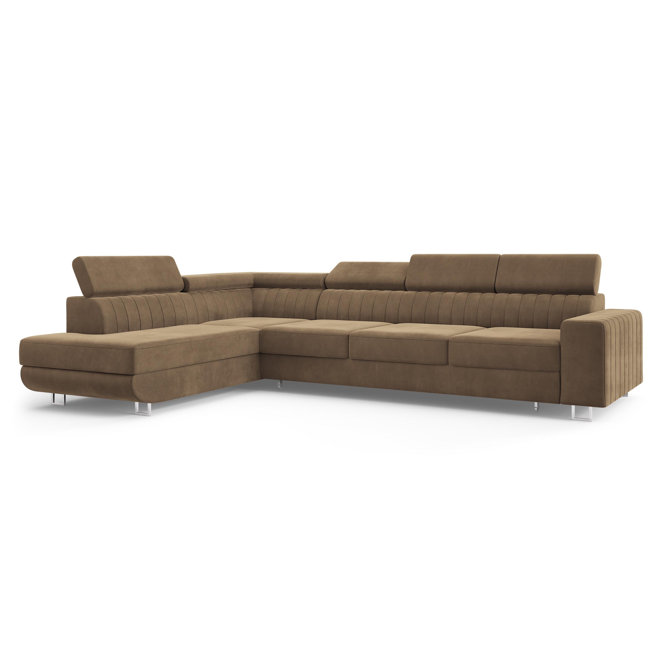 ECKSOFA HESTION Beige Velours-Stoff mit Schlaffunktion - Beige, Holz (332/190cm) - MASSENO