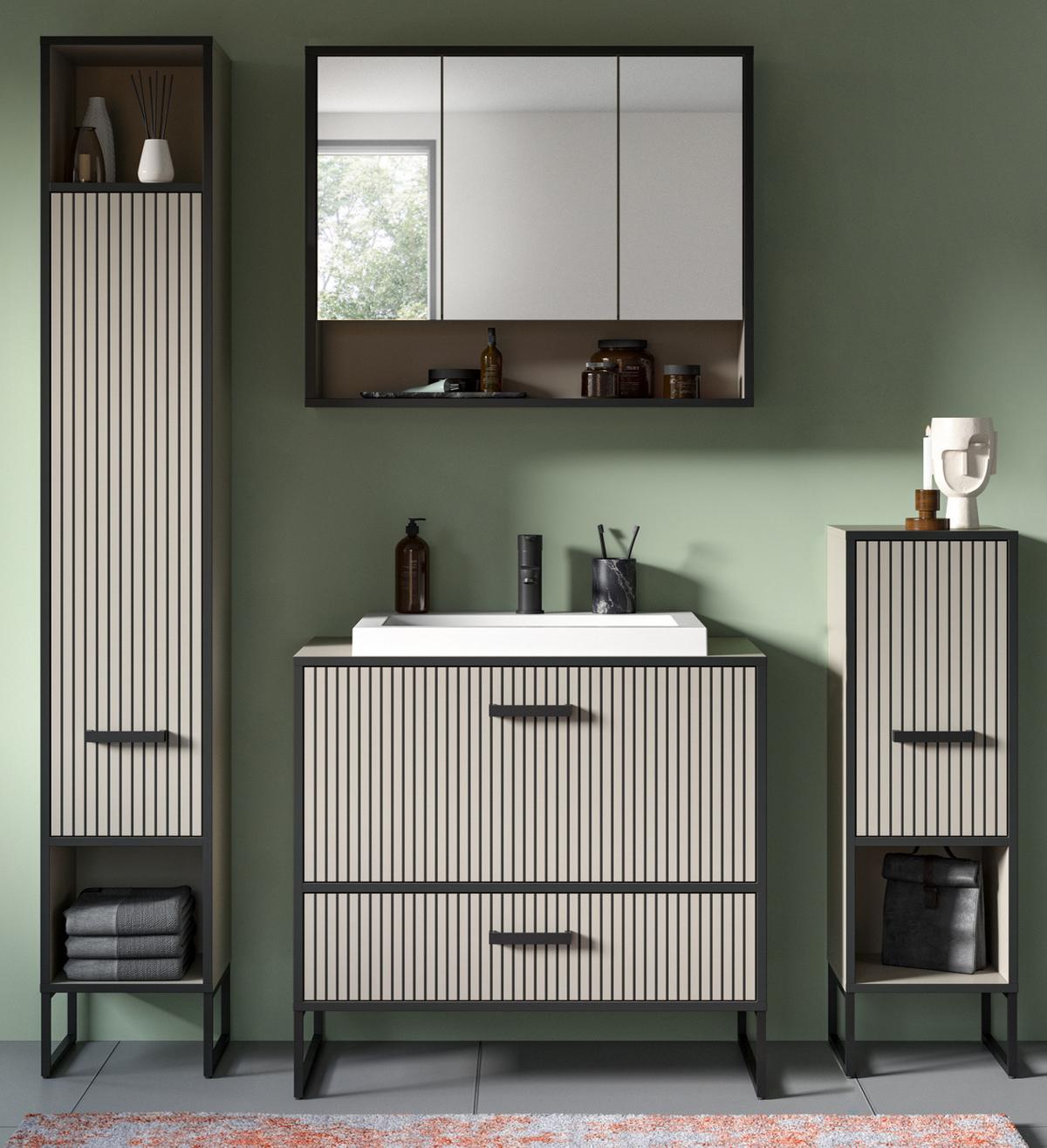 BADMÖBEL-SET schwarz, sand mit Waschbecken 170 cm, Kombination mit Soft-Close - Sandfarben/Schwarz, Glas/Keramik (170/192/48cm) - Inn.Furn