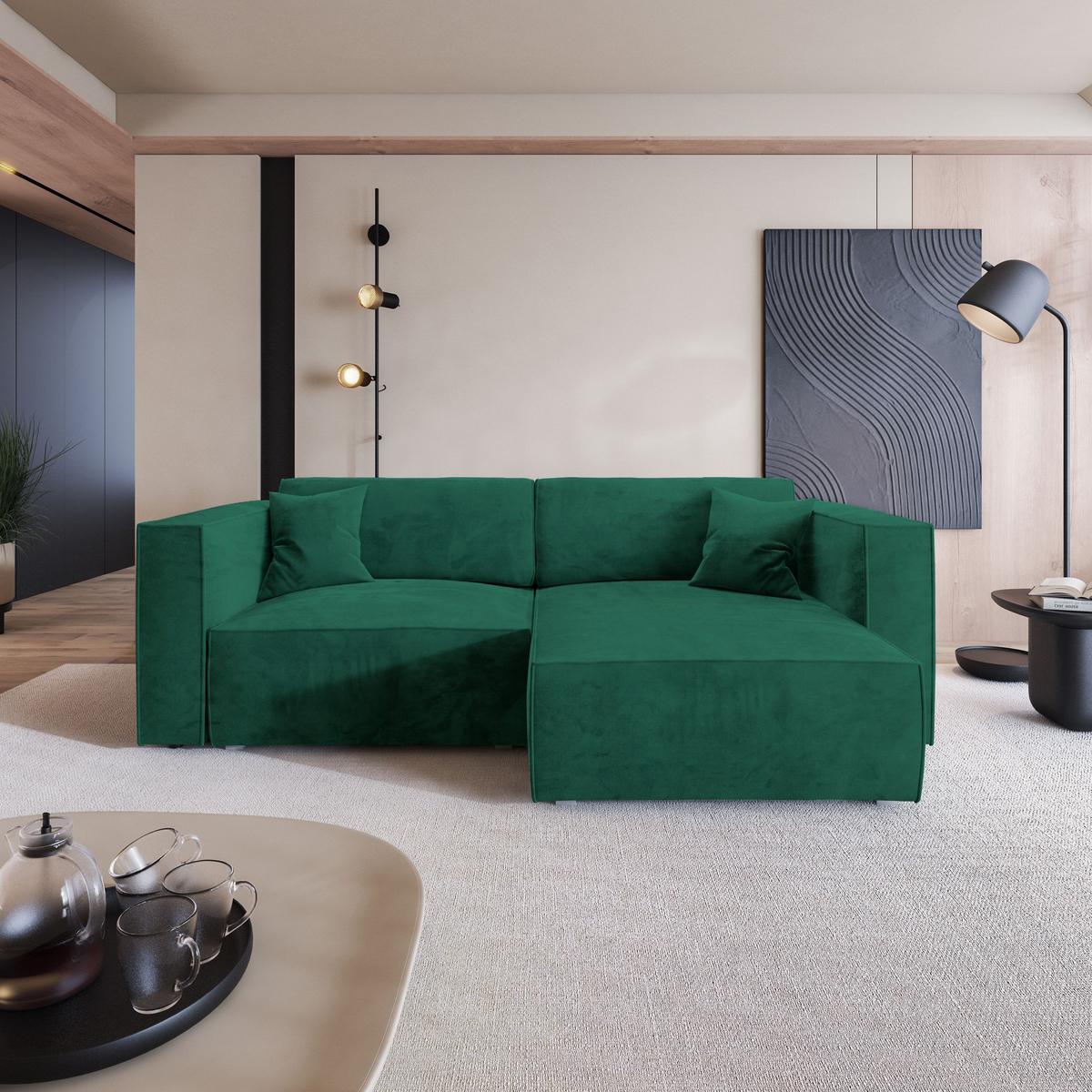 ECKSOFA NERIO M Grün Velours-Stoff mit Schlaffunktion - Grau/Grün, Holz/Kunststoff (245/148cm) - MASSENO