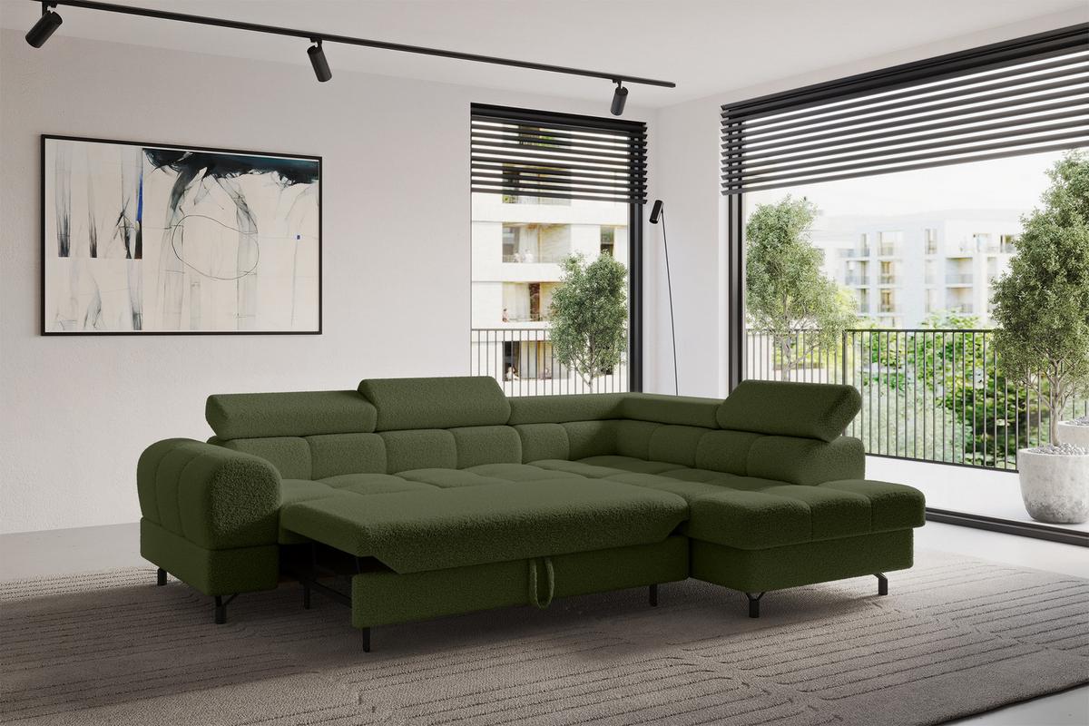 ECKSOFA mit Schlaffunktion Ottomane Rechts LUMA-L 272x203x70 Grün Bouclé - Schwarz/Grün, Holzwerkstoff/Kunststoff (203/272cm) - ALTDECOR
