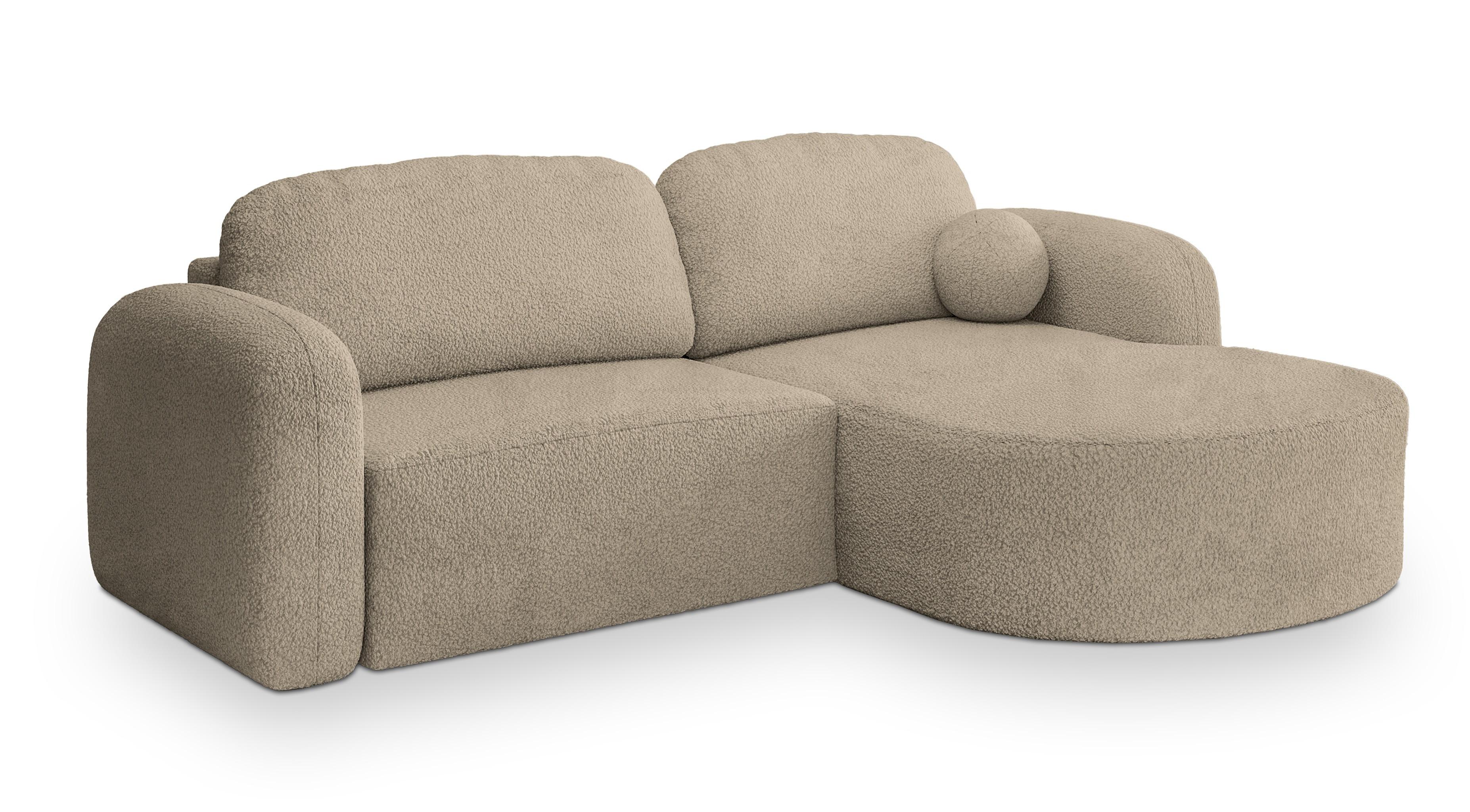 ECKSOFA AMILIA R-S Beige Boucle-Stoff mit Schlaffunktion - Beige, Holz (263/174cm) - MASSENO