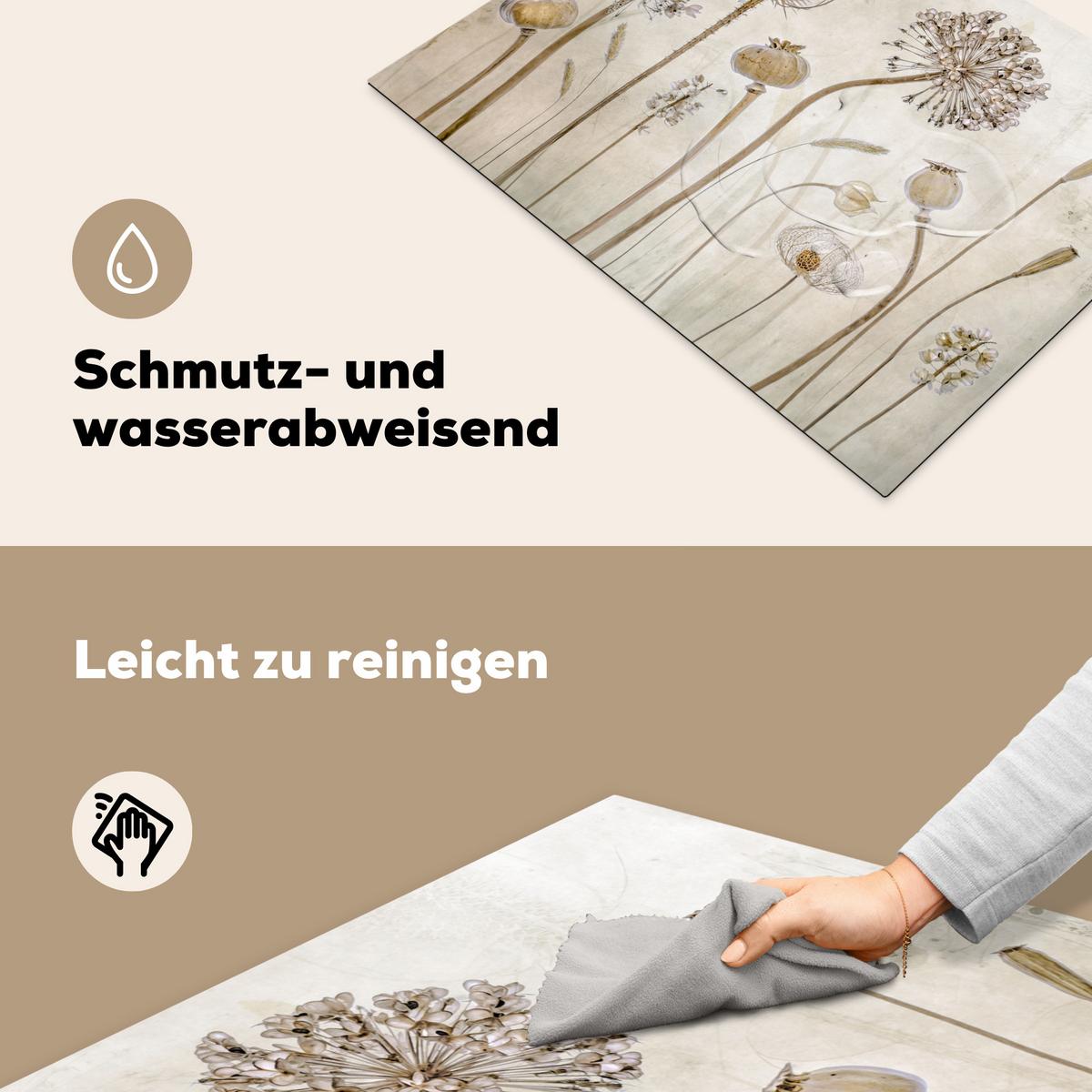 HERDABDECKPLATTE Blumen - Aquarell - Stilleben - Braun - Vintage Induktionsmatte 71x52 cm - Sandfarben, Kunststoff (71/52/0.2cm) - MuchoWow