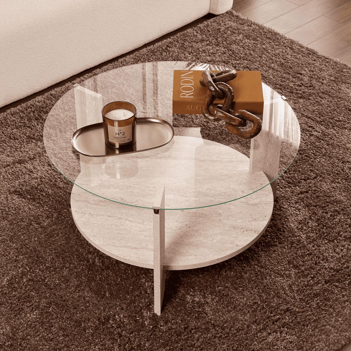 COUCHTISCH mit 2 Platten, davon eine aus gehärtetem Glas 75/75/40 cm - Beige, Holzwerkstoff (7.5/75/40cm) - Calicosy