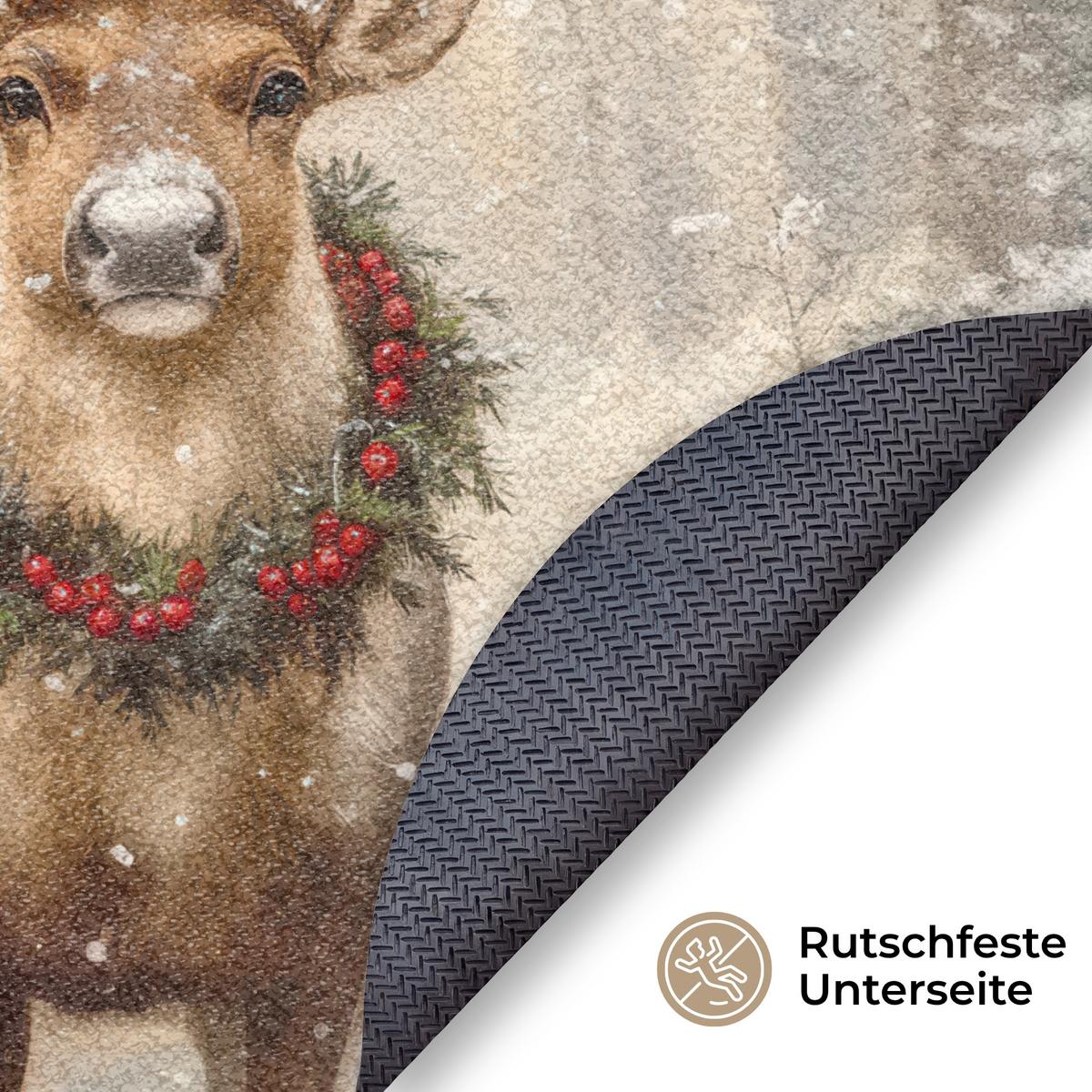 FUSSMATTE Weihnachten - Rentier - Winter - Kranz Flurteppich 120x120 cm - Braun, Kunststoff (120/0.4cm) - MuchoWow