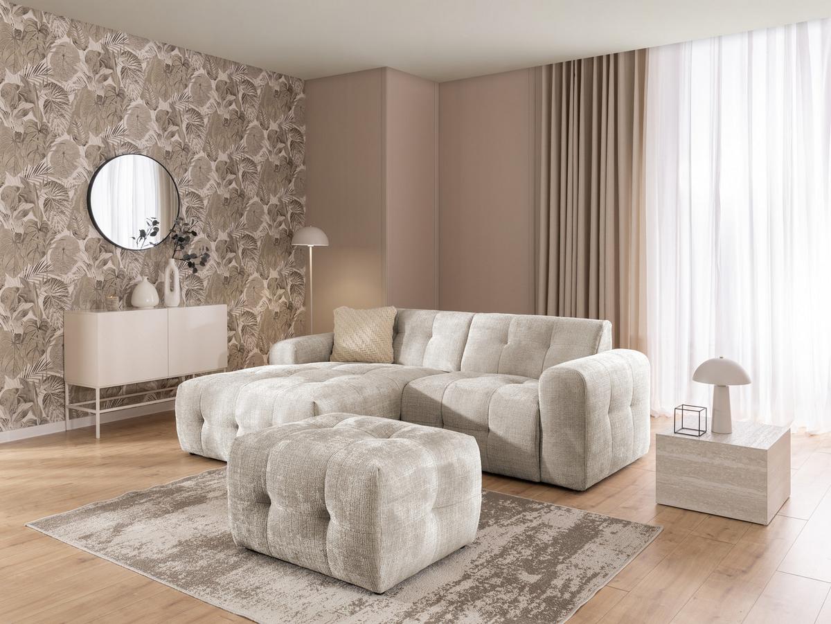 ECKSOFA inkl. Hocker Kozy im Bumpy-Design mit Schlaffunktion und fester Rückenlehne aus weichem Dunkelbeige Chenille-Stoff - Ottomane links - Beige/Schwarz, Holz/Kunststoff (161/234cm) - S-Style