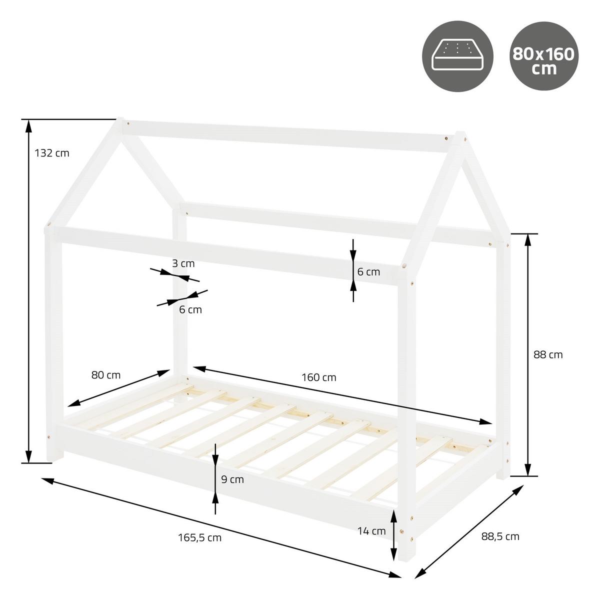 KINDERBETT mit Dach 80x160 cm Weiß - Weiß, Holz (80/160cm) - ML-DESIGN