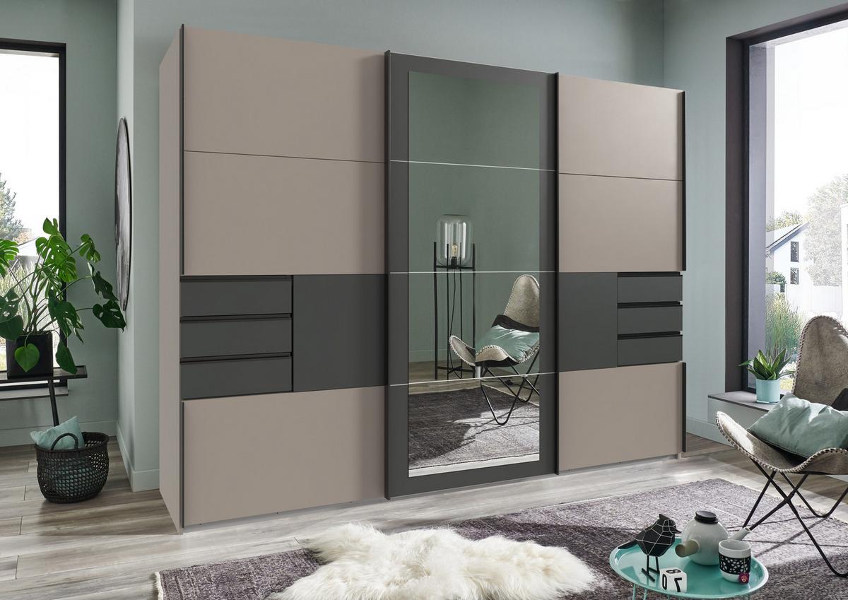 SCHWEBETÜRENSCHRANK 3-türig B270/H208/64 cm in Sandgrau mit Absetzungen in Grafit, Spiegel & Schubladen, Kleiderschrank inkl. Vollausstattung / 22507 - Sandfarben/Blau, Holzwerkstoff/Metall (270/208/64cm) - luma-home