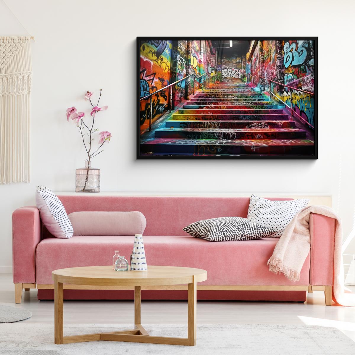 POSTER MIT RAHMENGERAHMTES BILD Treppe - Graffiti - Farben - Kunst 120x80 cm - Multicolor, Papier (120/80cm) - MuchoWow