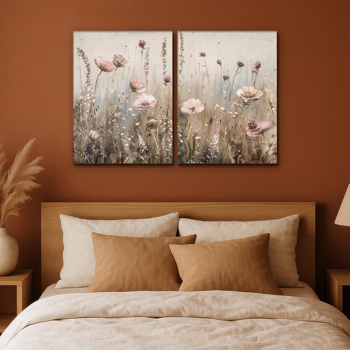 LEINWANDBILD 2er Set Blumen - Beige - Modern - Rosa 100x70 cm - Ecru, Textil (100/70cm) - MuchoWow
