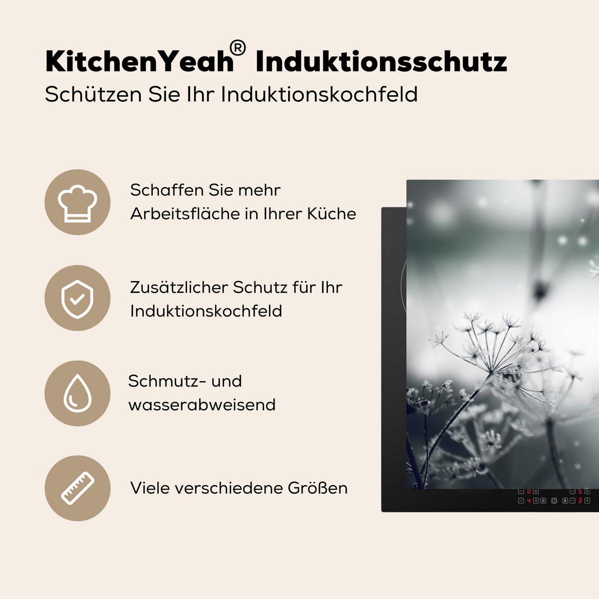 HERDABDECKPLATTE Blumen - Winter - Schnee - Natur Induktionsmatte 71x52 cm - Grau, Kunststoff (71/52/0.2cm) - MuchoWow