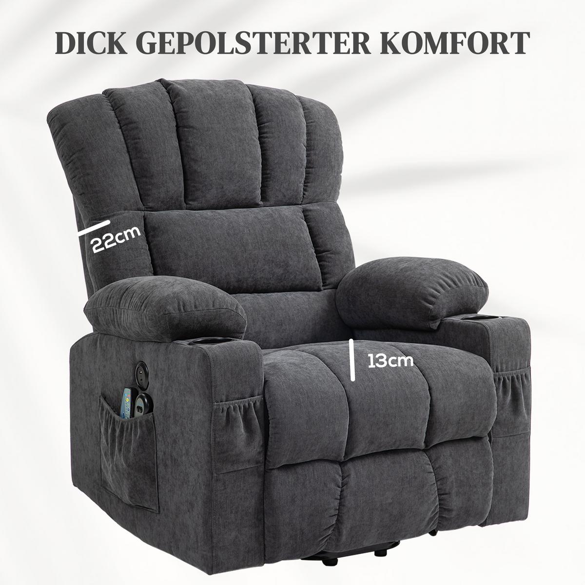 FERNSEHSESSEL mit Aufstehhilfe Relaxsessel mit Liege-, Heiz- und Massagefunktion - Dunkelgrau/Schwarz, Textil/Metall (91/110/93cm) - HOMCOM