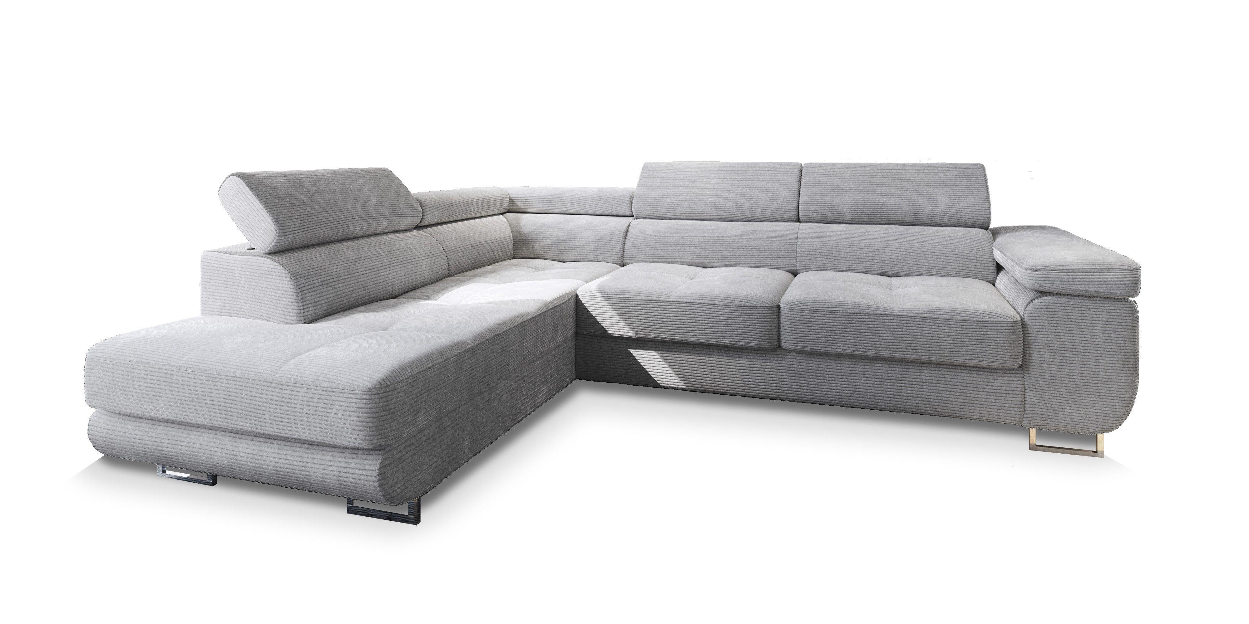 ECKSOFA APIRO L-S Hellgrau Kordstoff mit Schlaffunktion - Silberfarben/Hellgrau, Holz/Textil (276/202cm) - MASSENO