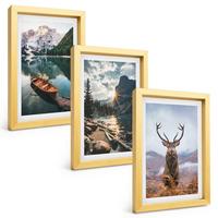 BILDER SET 3er Set - 20x30 cm Goldrahmen - Bergsee, Bootsfahrt, Sonnenuntergang, Hirsche - Goldfarben, Kunststoff (20/30cm) - TULUP