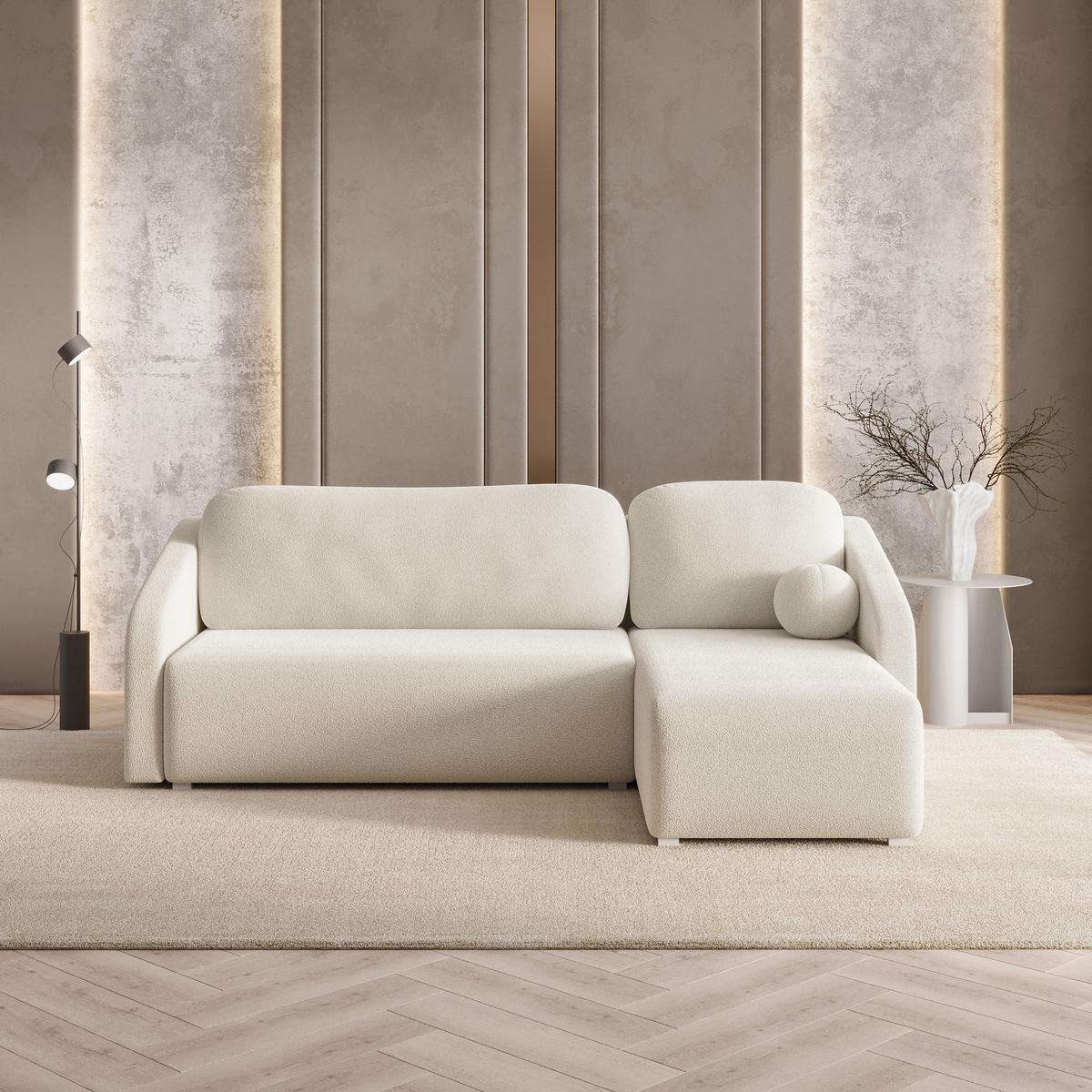 ECKSOFA MARELLO Creme Boucle-Stoff mit Schlaffunktion - Creme, Holz (220/143cm) - MASSENO