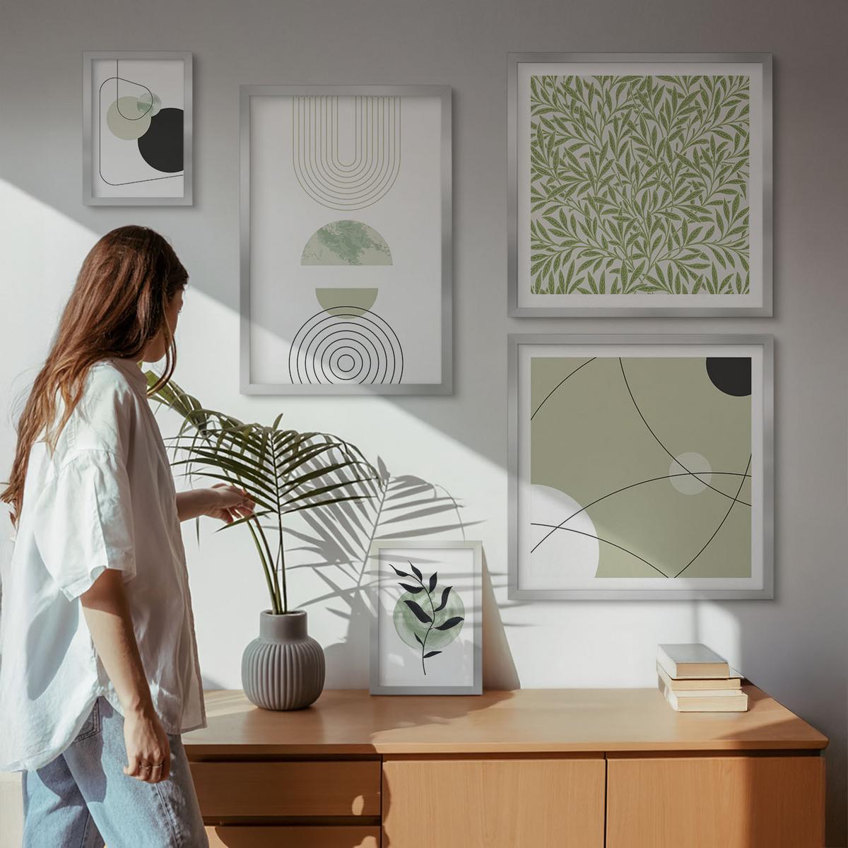 BILDER SET 5er Set - 50x50 cm & 20x30 cm & 40x60 cm Silberner Rahmen - Abstrakte Pflanzenmotive - Silberfarben, Kunststoff (40/60cm) - TULUP