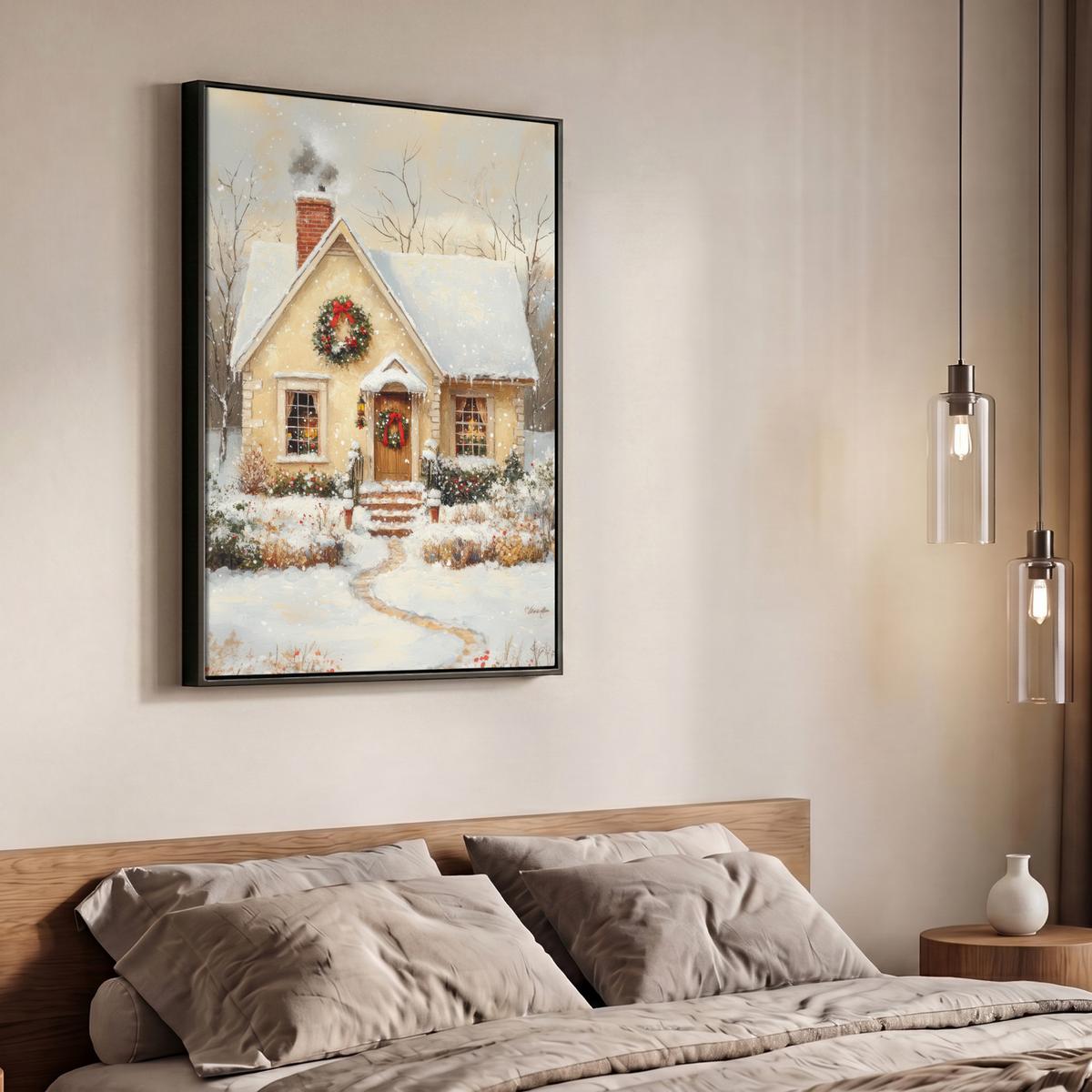LEINWAND Bilder mit Rahmen - Weihnachten - Zuhause - Winter - Schnee - 70x100 - Creme, Textil (70/100cm) - MuchoWow