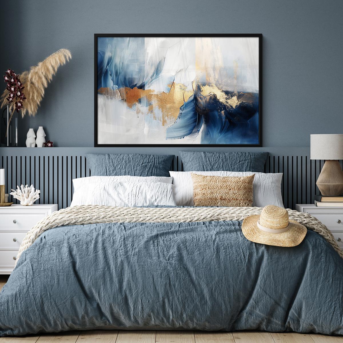 POSTER MIT RAHMENGERAHMTES BILD Gold - Blau - Aquarell - Kunst - Modern 120x80 cm - Hellblau, Papier (120/80cm) - MuchoWow