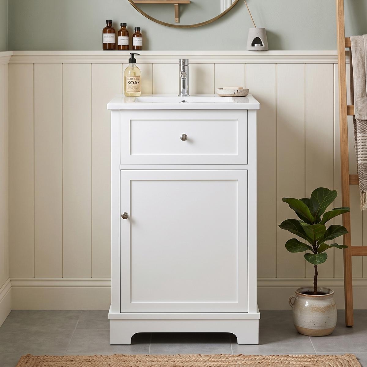 WASCHTISCH mit Unterschrank Weiß 51cm Standschrank mit Keramikbecken & Klappfach - Weiß, Holzwerkstoff (51/87/46cm) - Urban Meuble