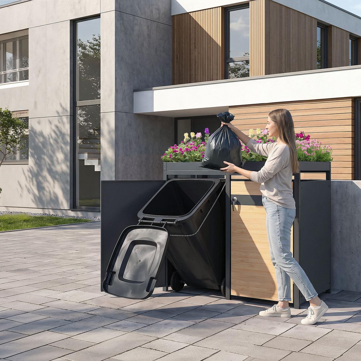 MÜLLTONNENBOX 4er mit Pflanzdach Anthrazit-Holzoptik - Hellbraun, Metall (264/124/80cm) - ML-DESIGN