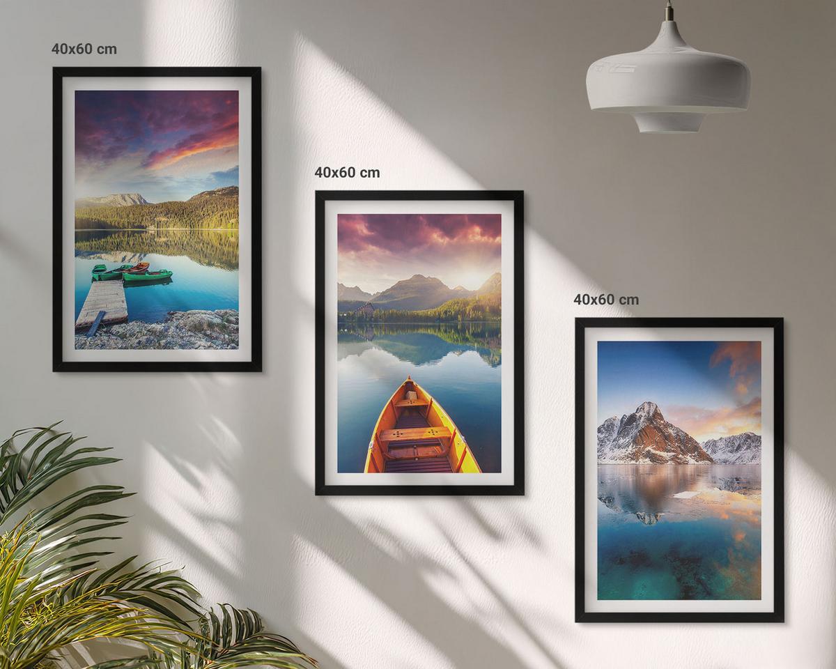 BILDER SET 3er Set - 40x60 cm Schwarzer Rahmen - Seen, Berge, Boote, Frieden - Schwarz, Kunststoff (40/60cm) - TULUP