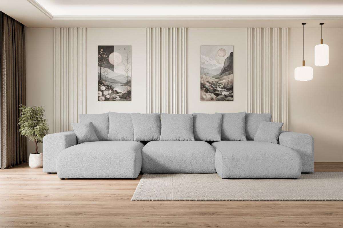 WOHNLANDSCHAFT mit Schlaffunktion ESKAR-U -364x176x72cm Grau Bouclé - Hellgrau/Schwarz, Holzwerkstoff/Kunststoff (364/72/176cm) - ALTDECOR