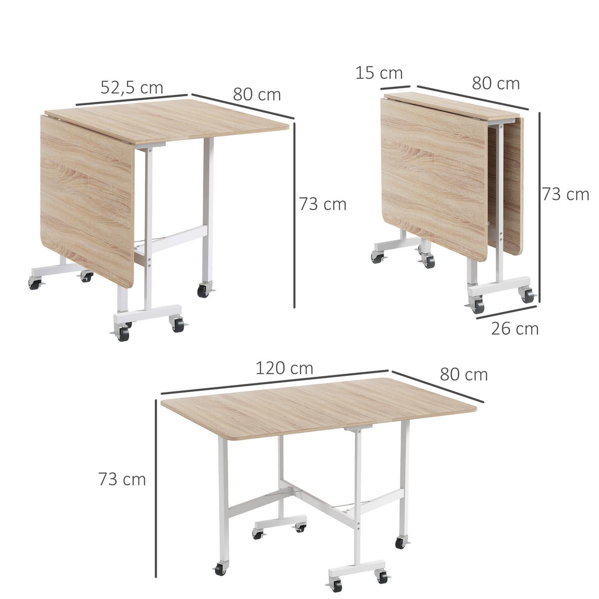 ESSTISCH, Küchentisch mit Rollen, Klapptisch für 4-6 Personen, für Küche, Eiche - Eichefarben/Schwarz, Holzwerkstoff/Metall (120/80/73cm) - HOMCOM