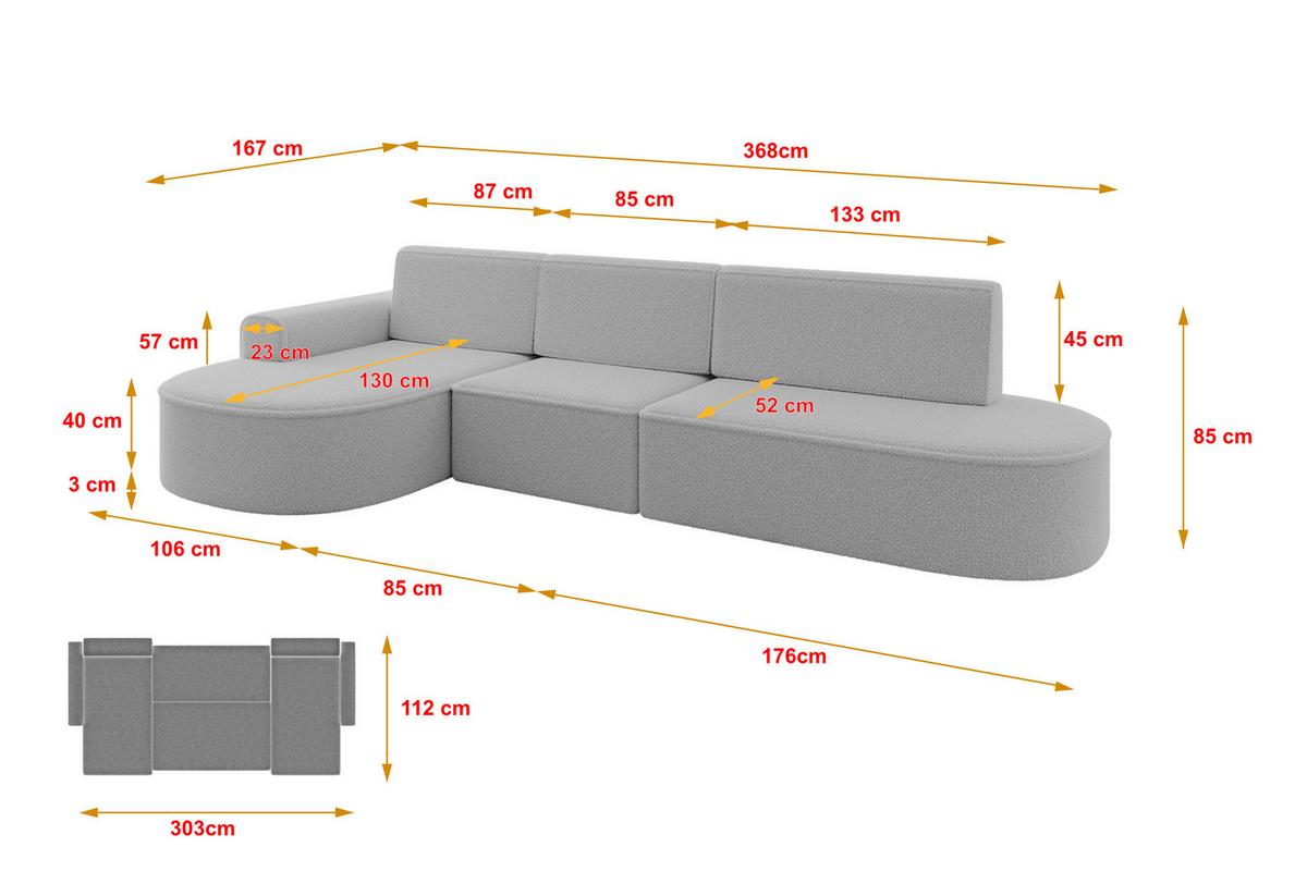ECKSOFA mit Schlaffunktion Ottomane Links MARI L2-S 368X167X85 Hellgrau Bouclé - Hellgrau/Schwarz, Holzwerkstoff/Kunststoff (368/167cm) - ALTDECOR