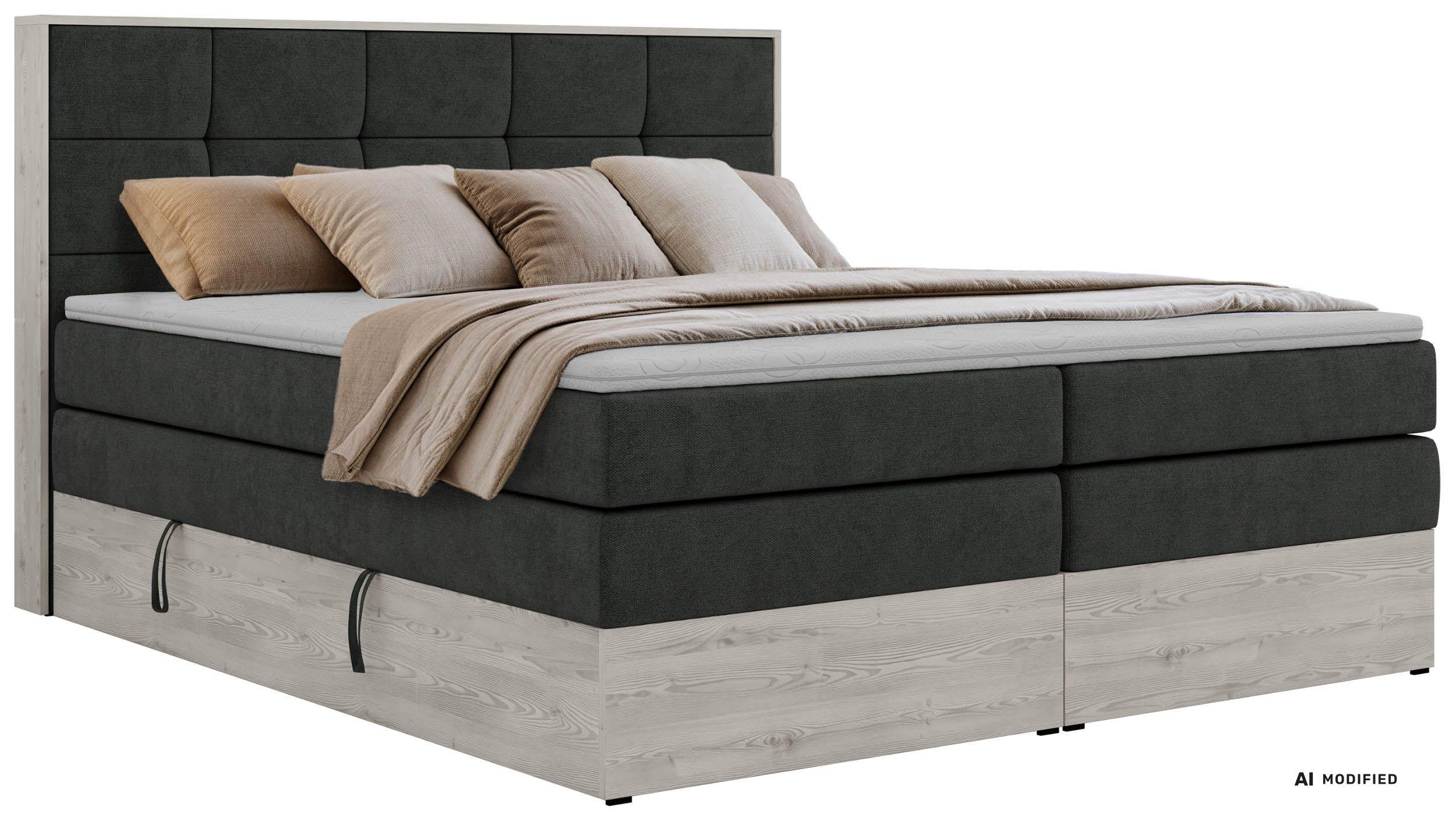 BOXSPRINGBETT ALNOR KING 140/200 - Dunkelgrau Stukture - Topper T25 - H3 - Dunkelgrau/Schwarz, Kunststoff/Textil (140/200cm) - MKS