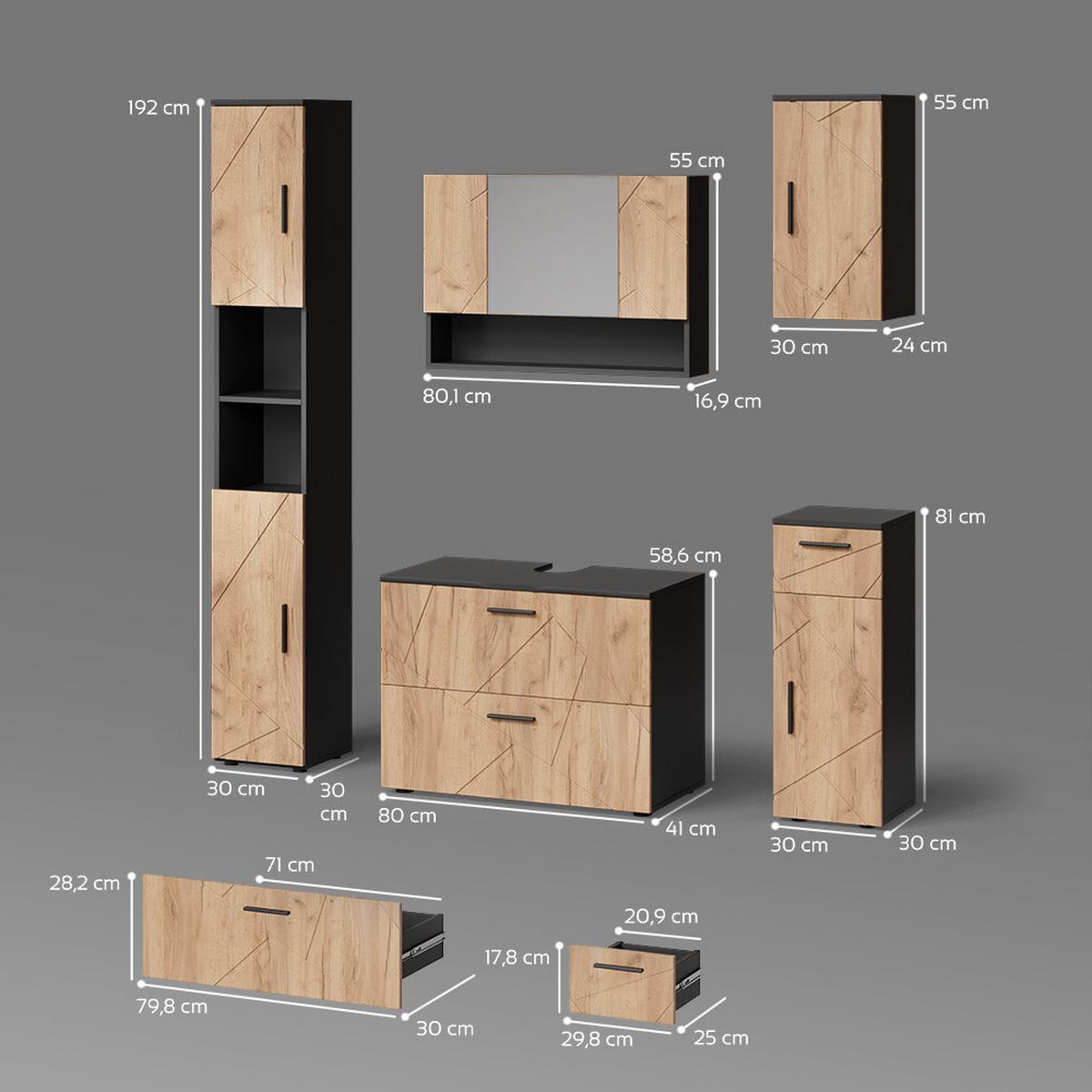 BADMÖBEL-SET Ronco Goldkraft Eiche/Anthrazit 5 Teile - Honigeiche/Anthrazit, Holzwerkstoff (41/80/58cm) - Livinity®