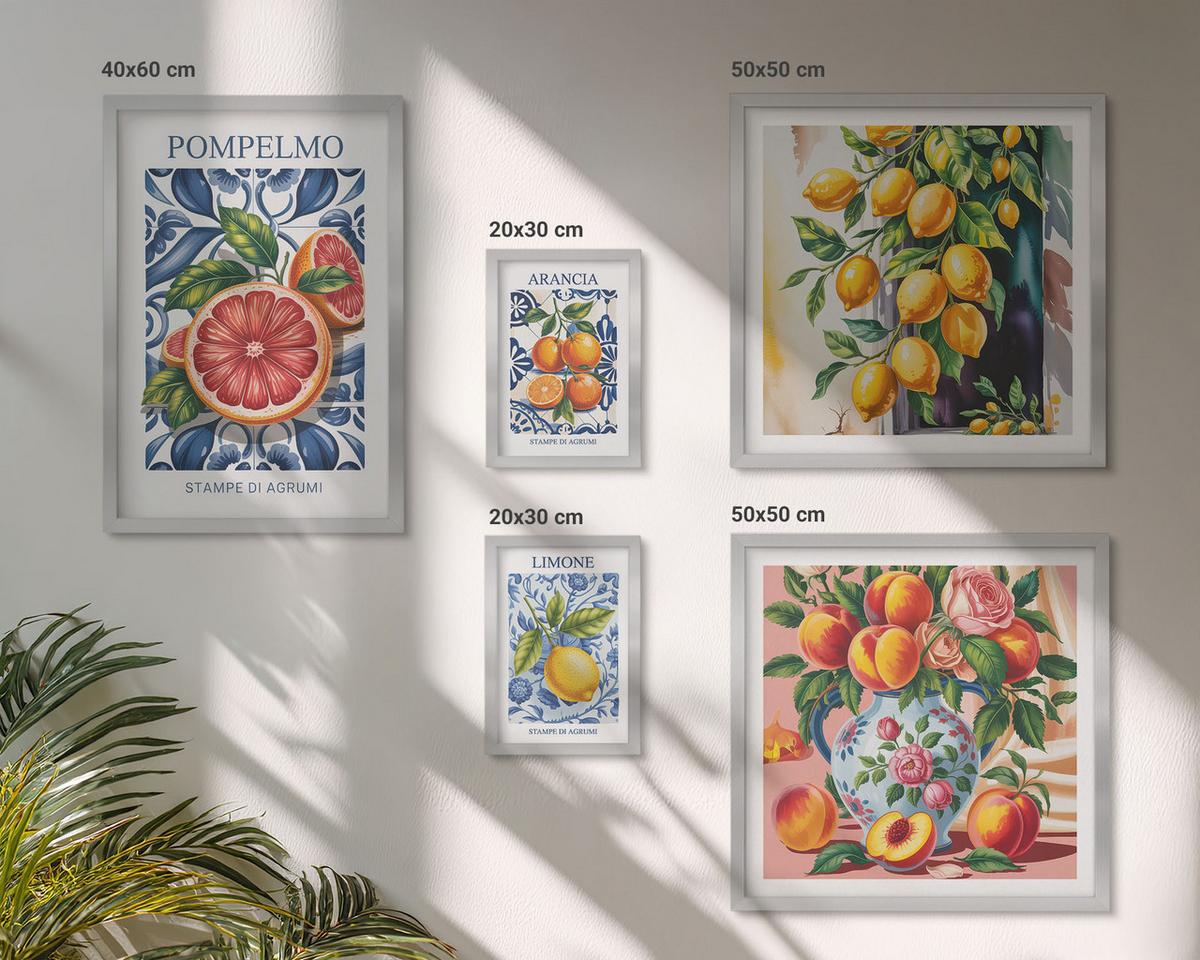 BILDER SET 5er Set - 50x50 cm & 20x30 cm & 40x60 cm Silberner Rahmen - Illustrationen von Zitrusfrüchten - Silberfarben, Kunststoff (40/60cm) - TULUP