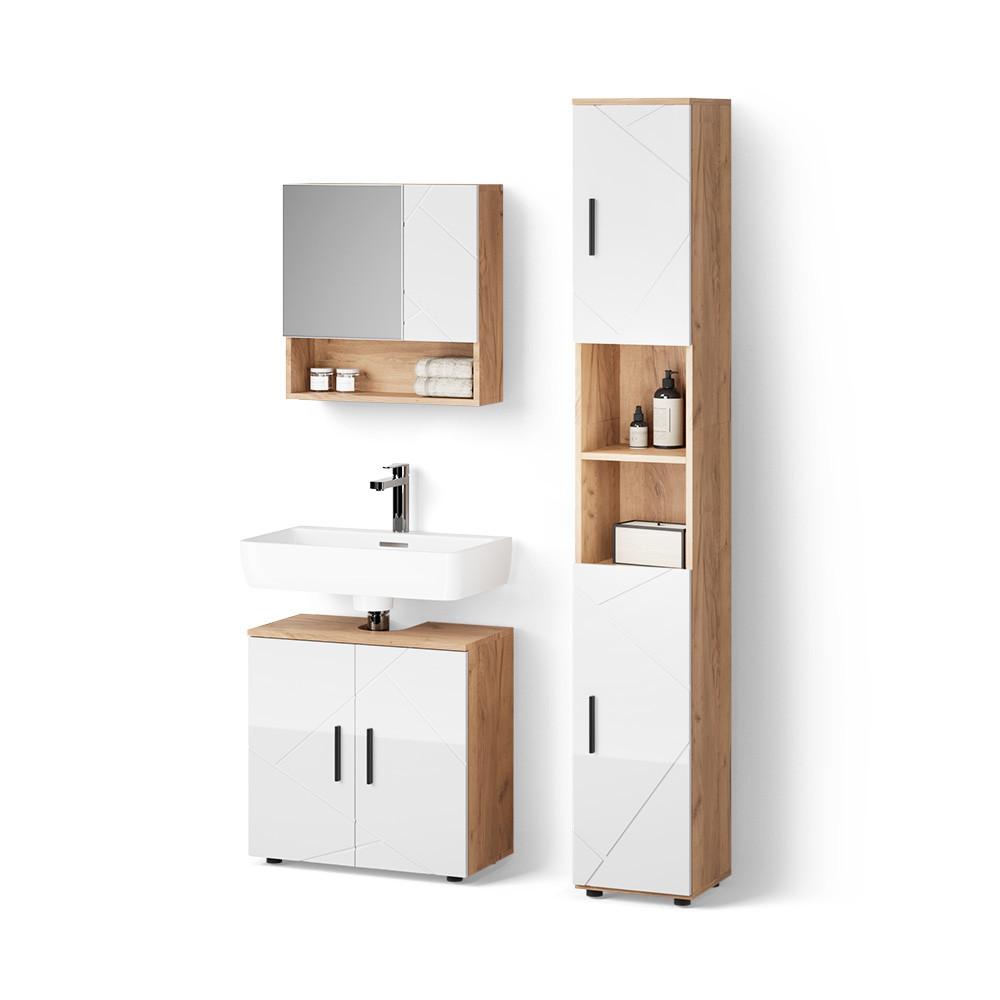 BADMÖBEL-SET Ronco Weiß Hochglanz/Goldkraft Eiche 3 Teile, mit Hochschrank - Honigeiche/Weiß Hochglanz, Holzwerkstoff (60/59/30cm) - Livinity®